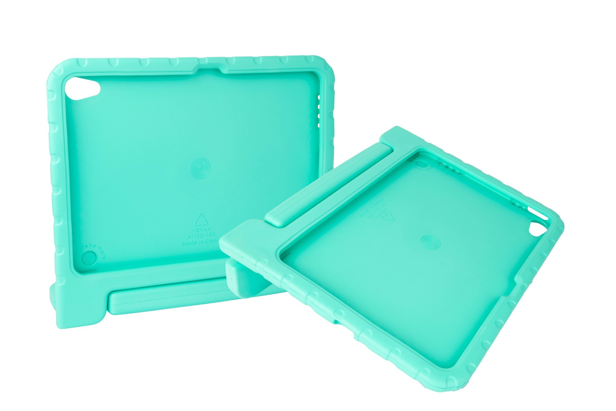 Due custodie per tablet verde acqua su una superficie bianca, una aperta e una chiusa, con maniglia e bordi strutturati.