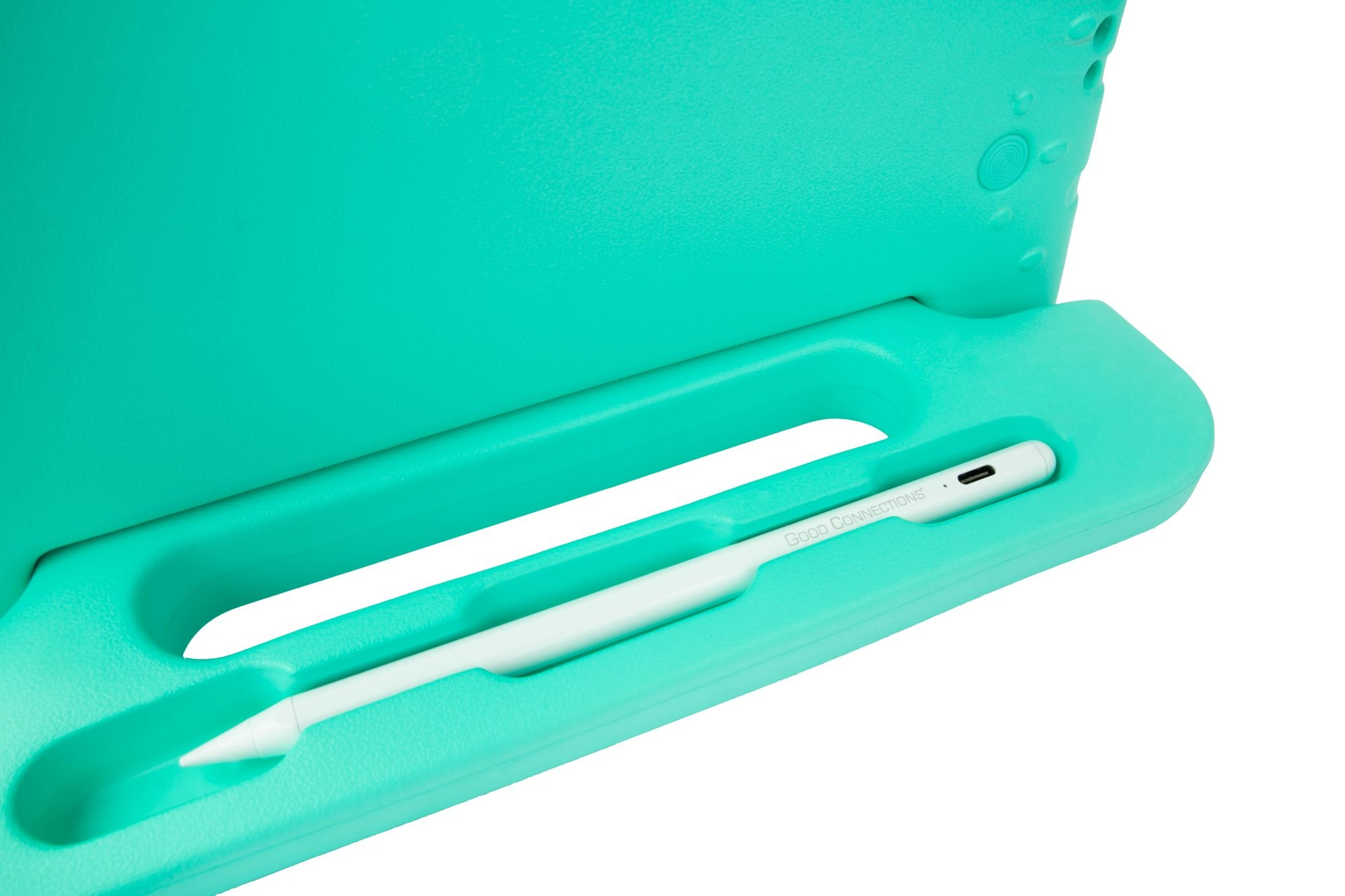 Custodia per tablet turchese con portapenne. Penna stilo bianca all'interno. Sfondo bianco.