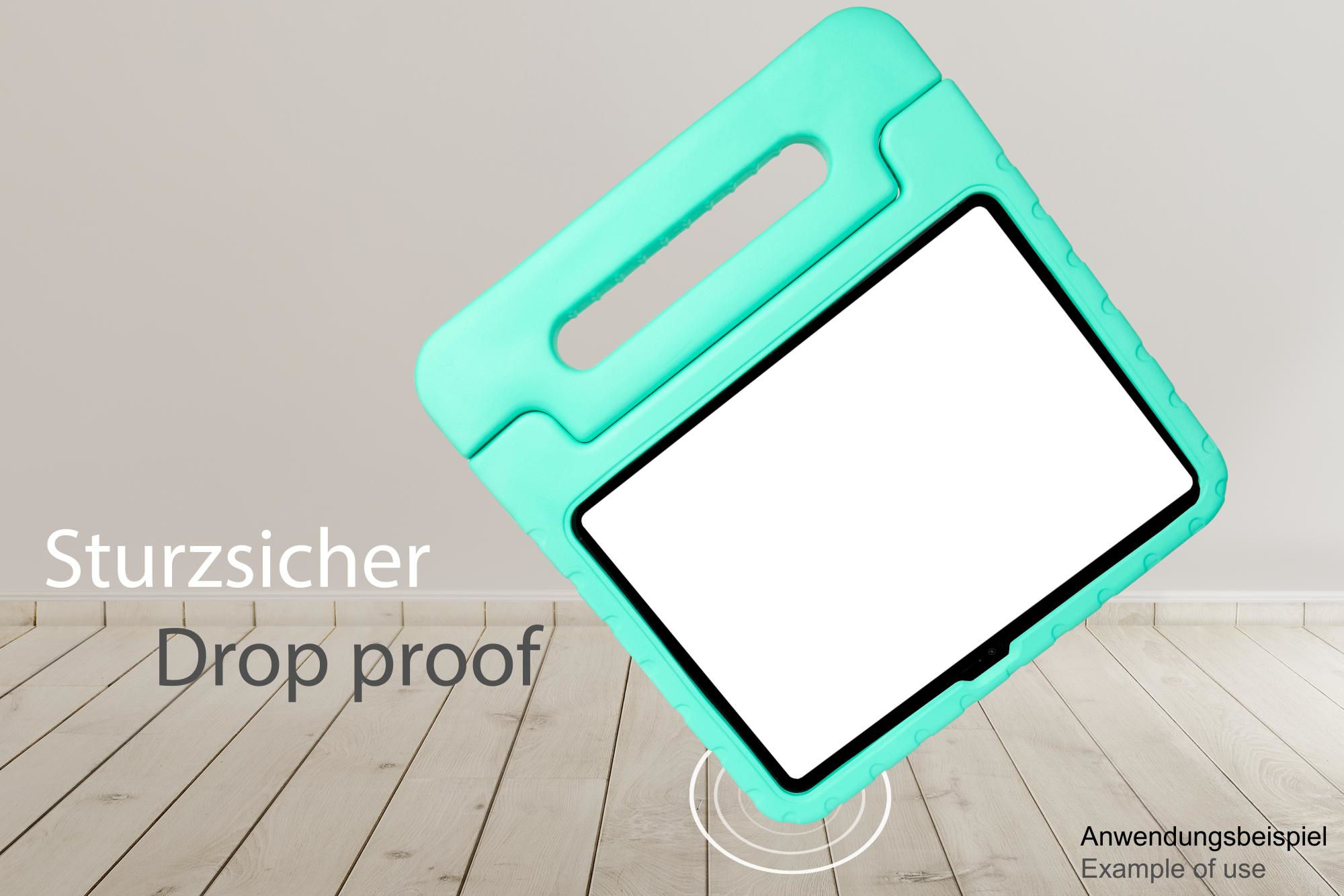 Una custodia per tablet verde acqua su un pavimento in legno. Mostra un tablet bianco, la custodia dice 'Drop Proof' ed 'Example of use'.