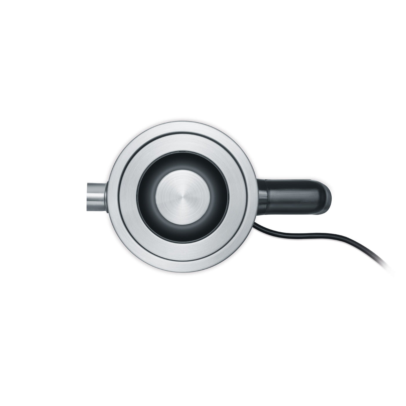 Srebrny metalowy obiekt o okrągłym kształcie i czarnym kablu. Ma nowoczesny, metaliczny wygląd.