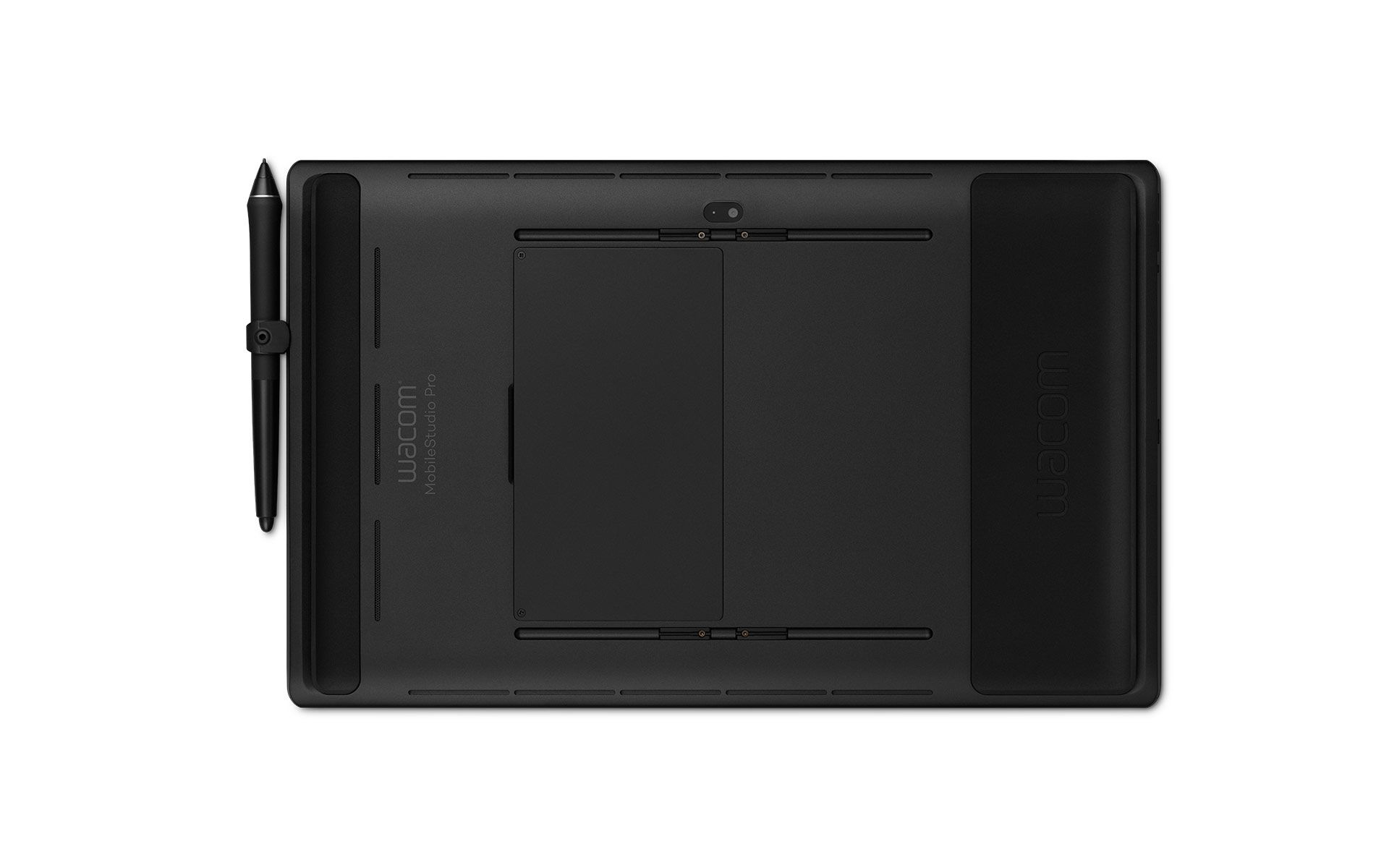 Ein schwarzes Wacom Intuos Pro Grafiktablett mit Stift. Das Tablet ist schwarz und hat eine strukturierte Oberfläche.
