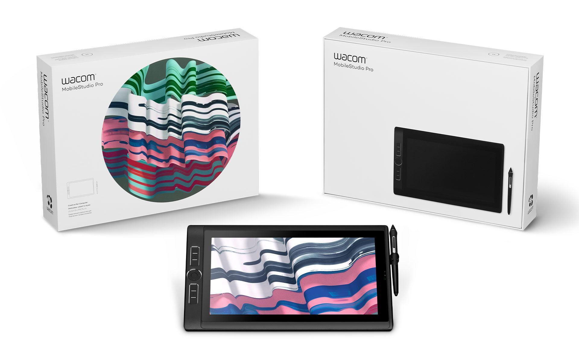 Drei Kartons eines Wacom MobileStudio Pro Tablets, mit Tablet und Stift.