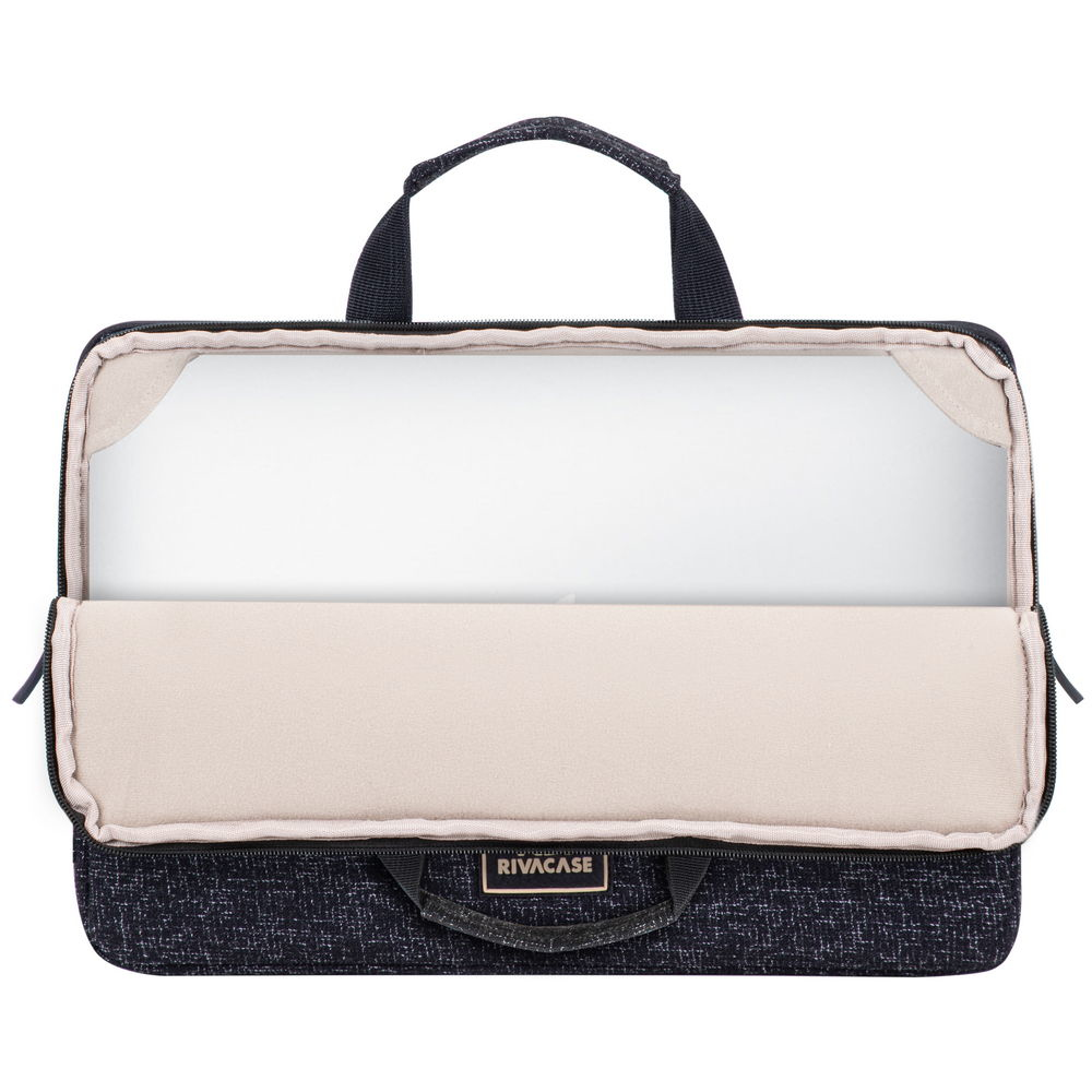Eine Laptoptasche, offen und leer. Dunkelblauer Stoff mit Griff und Logo.