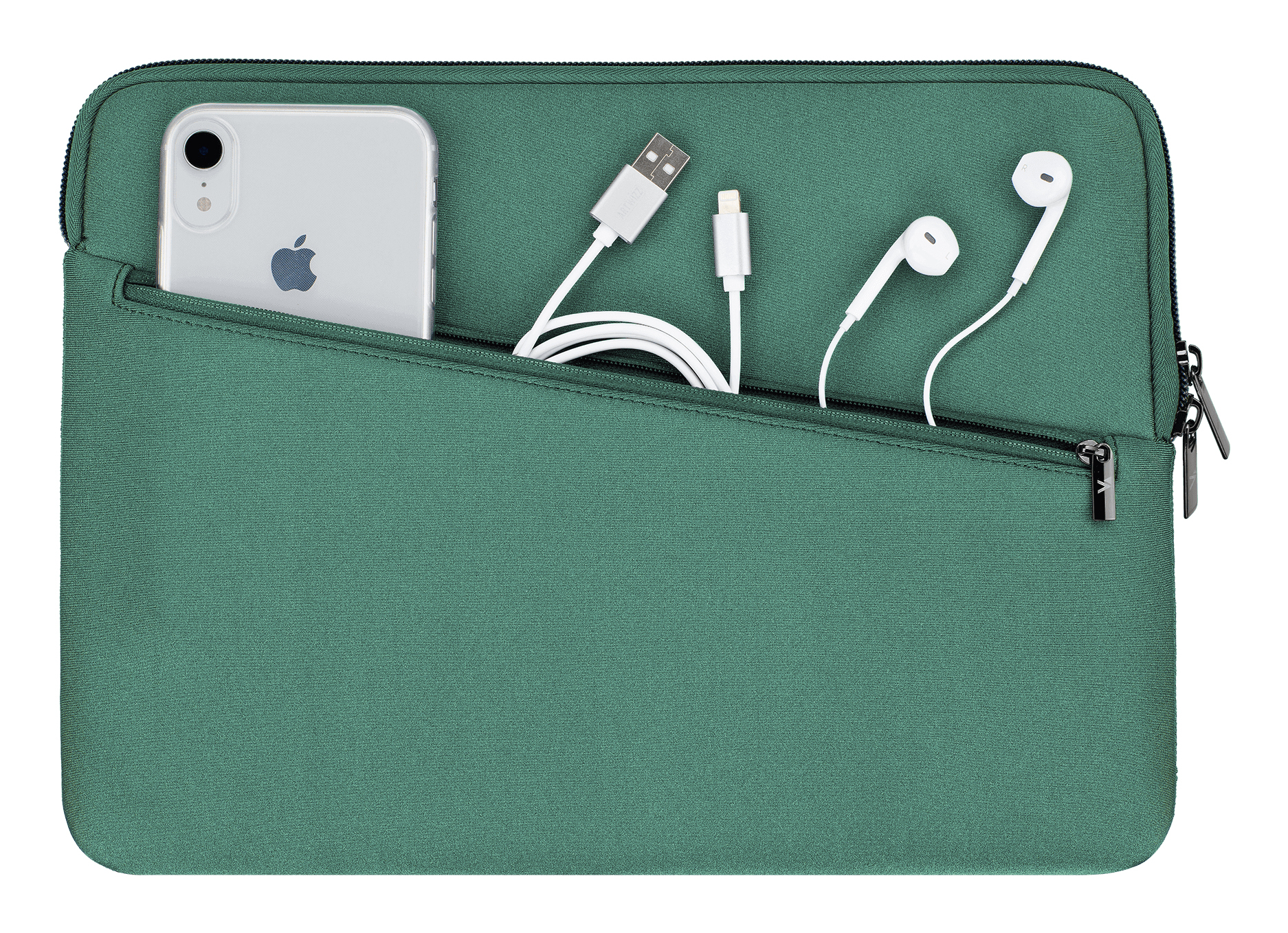 Eine tealgrüne Laptoptasche mit einem Telefon, Kabeln und Kopfhörern in einer Tasche.
