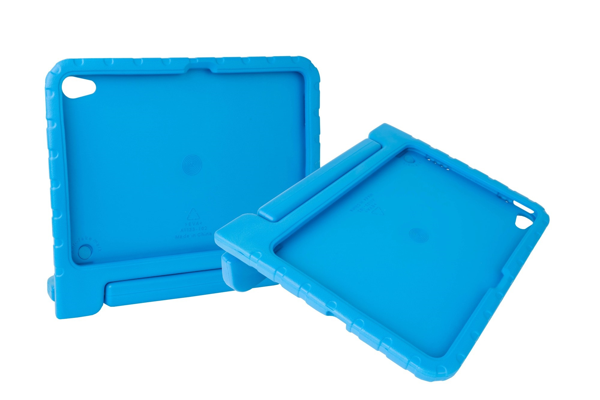 Zwei blaue Schutzhüllen für ein Tablet werden gezeigt, eine offen und eine geschlossen.