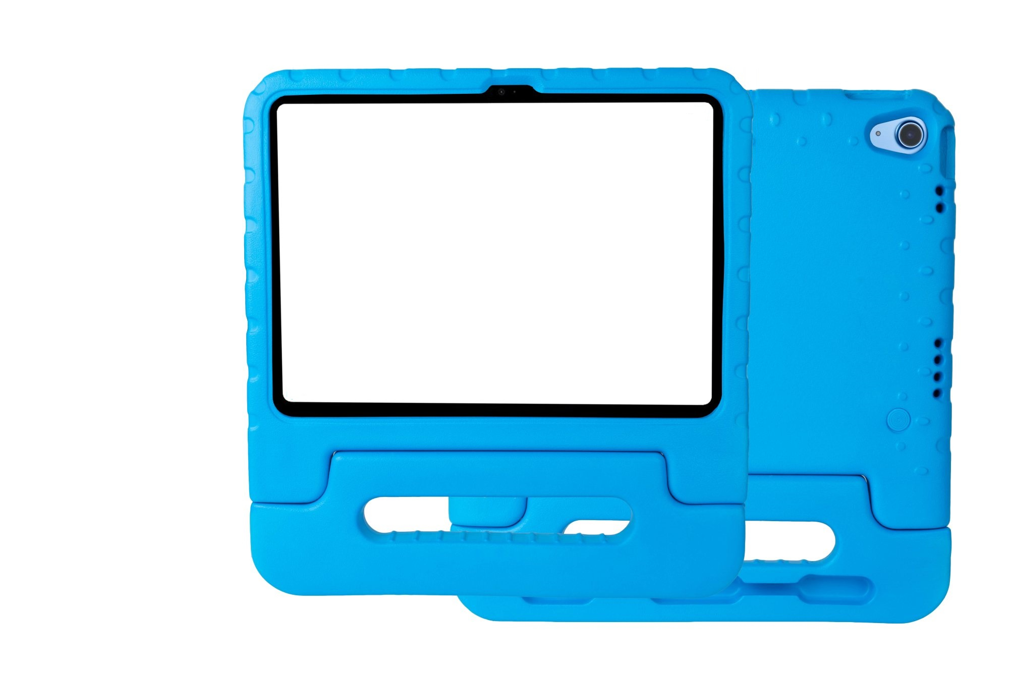 Blaue Tablet-Hülle mit weißem Bildschirm und blauem Schutzrahmen, auf Weiß.