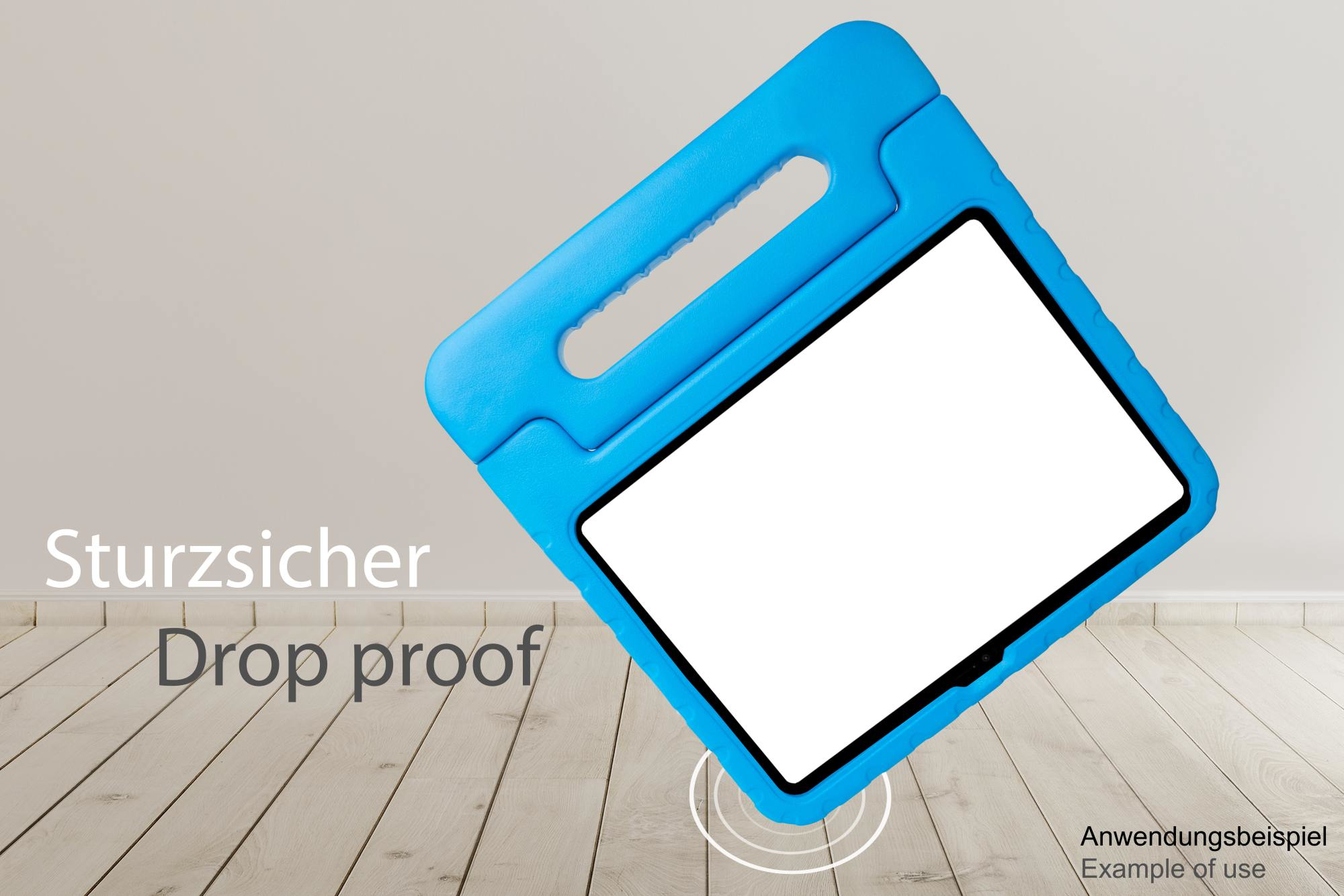 Blaue Tablet-Hülle, schützt ein Tablet. Die Hülle liegt auf einem Holzboden, mit dem Text 'Drop proof'.