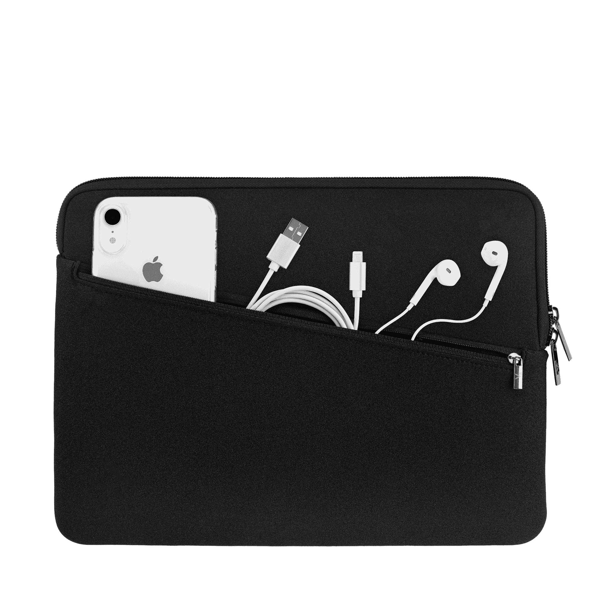 Schwarze Laptoptasche mit Telefon, Kabel und Ohrhörern. Reißverschlusstasche. Weißer Hintergrund.