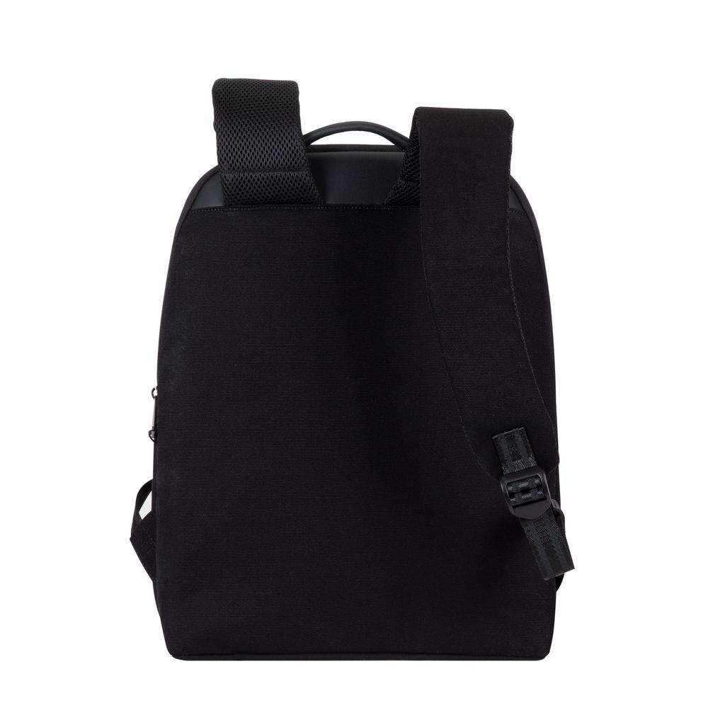 Zaino nero visto da dietro. Ha due spallacci e un manico. Design nero semplice.