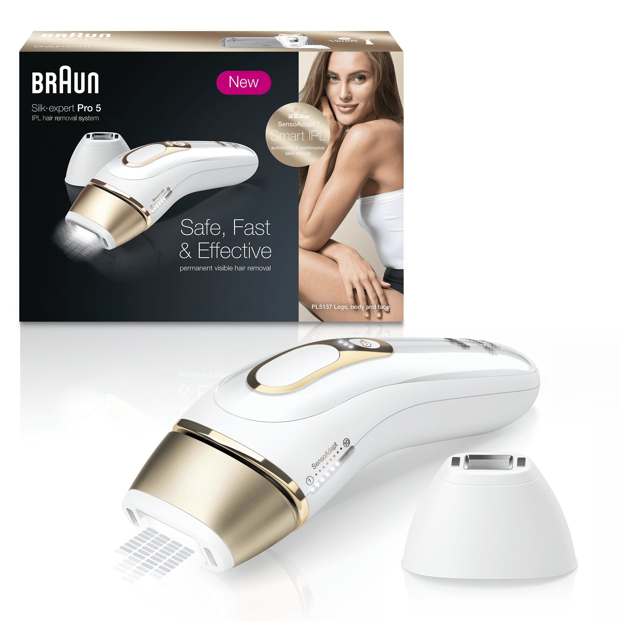Braun IPL tüy alma sistemi kutusu ve cihazı. Beyaz ve altın renkleri, arka planda bir kadınla.