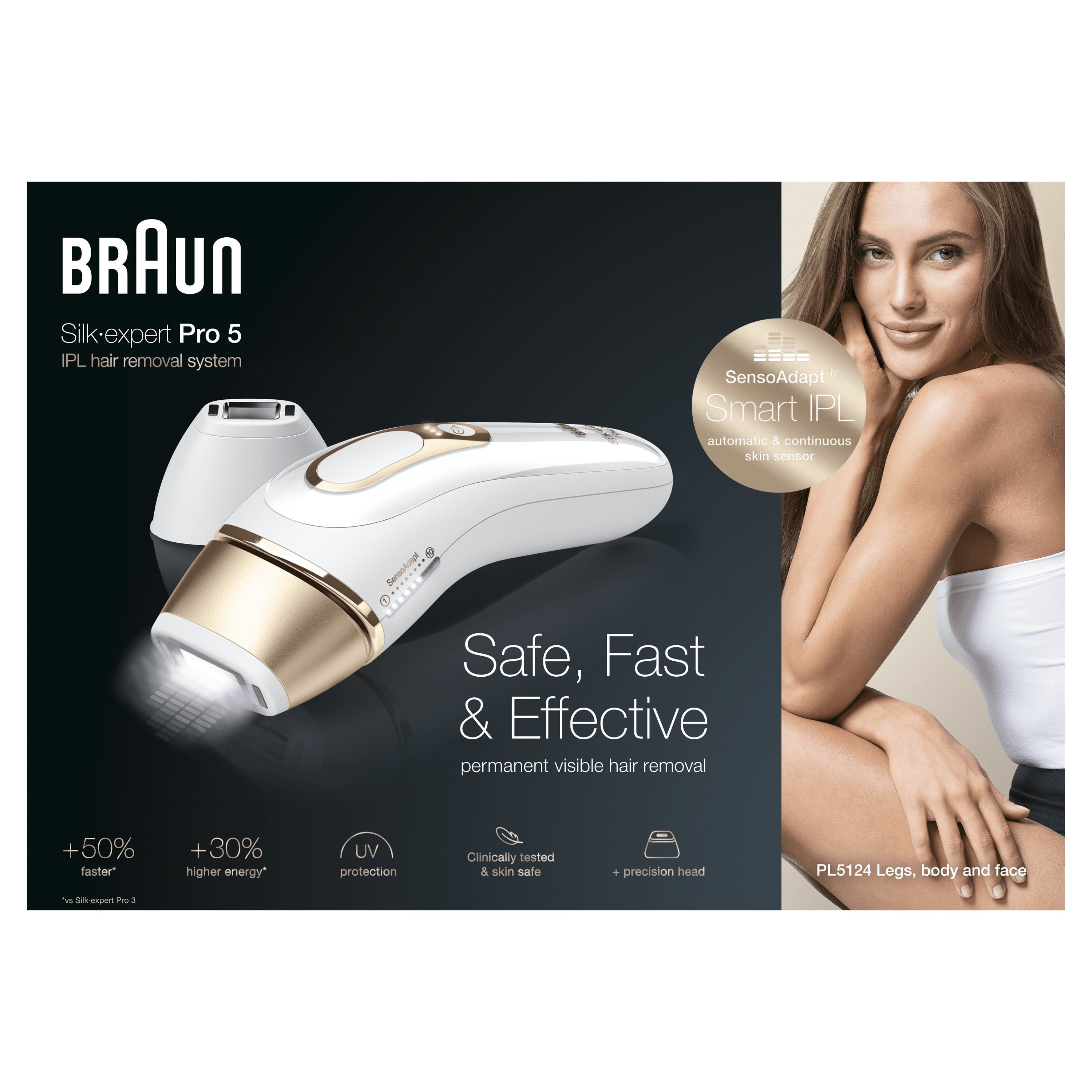Braun IPL tüy alma cihazı olan bir kadın, özellikleri hakkında metinle.