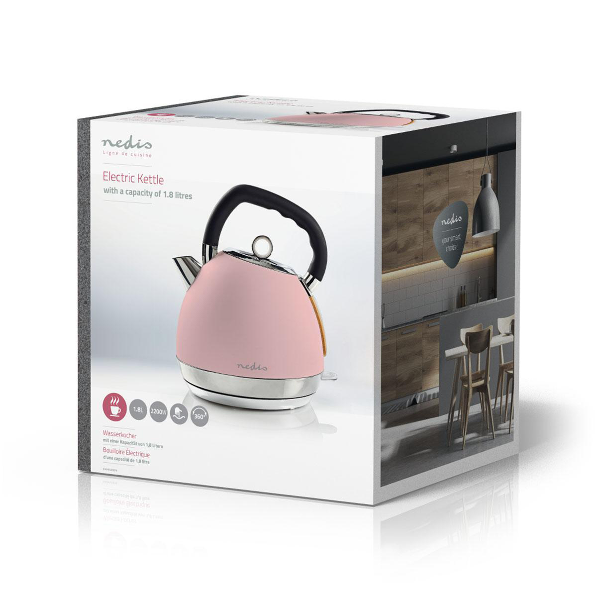 Una scatola di un bollitore elettrico con un bollitore rosa e uno sfondo di cucina.