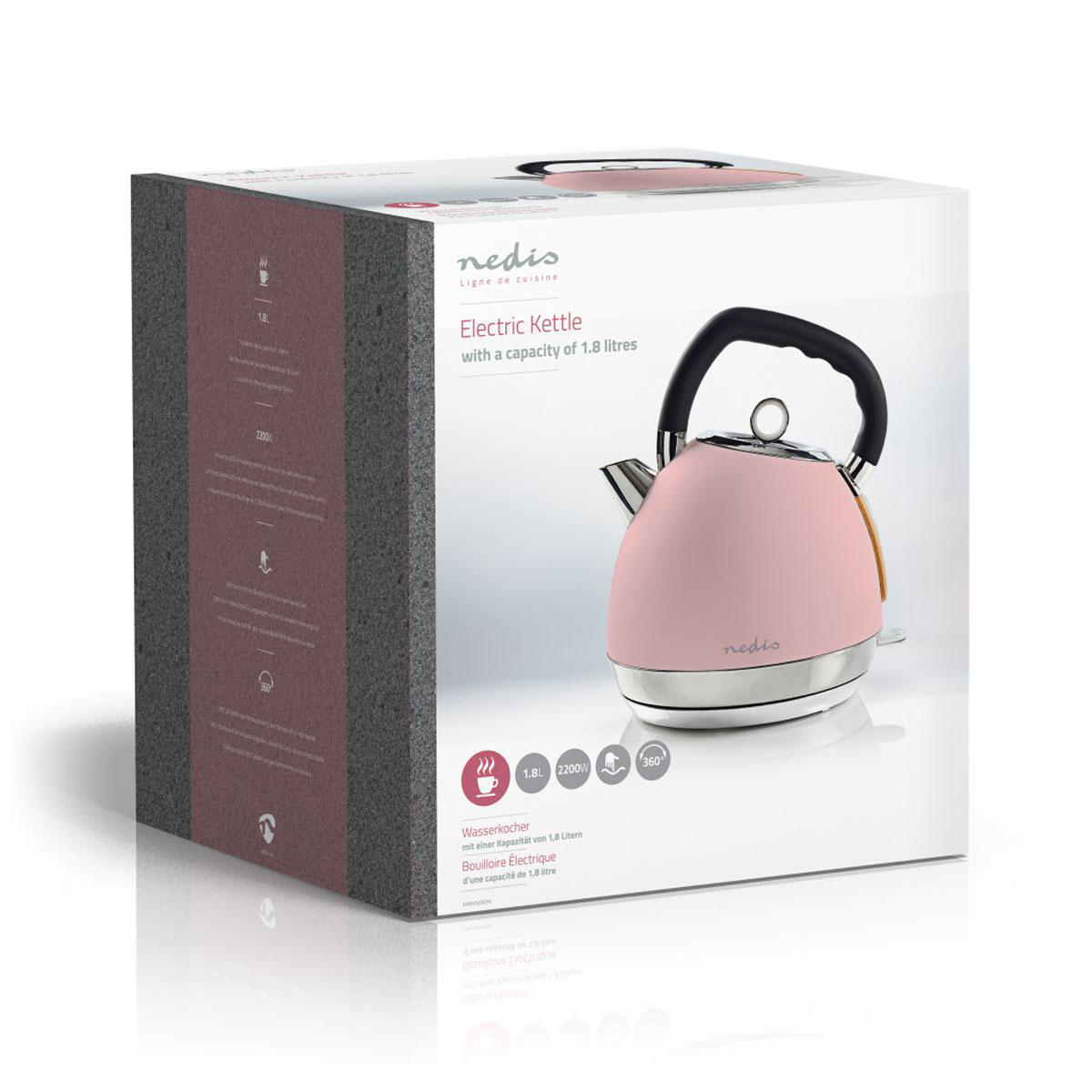Bollitore elettrico rosa in una scatola bianca con dettagli. Ha un manico nero e una base argentata.