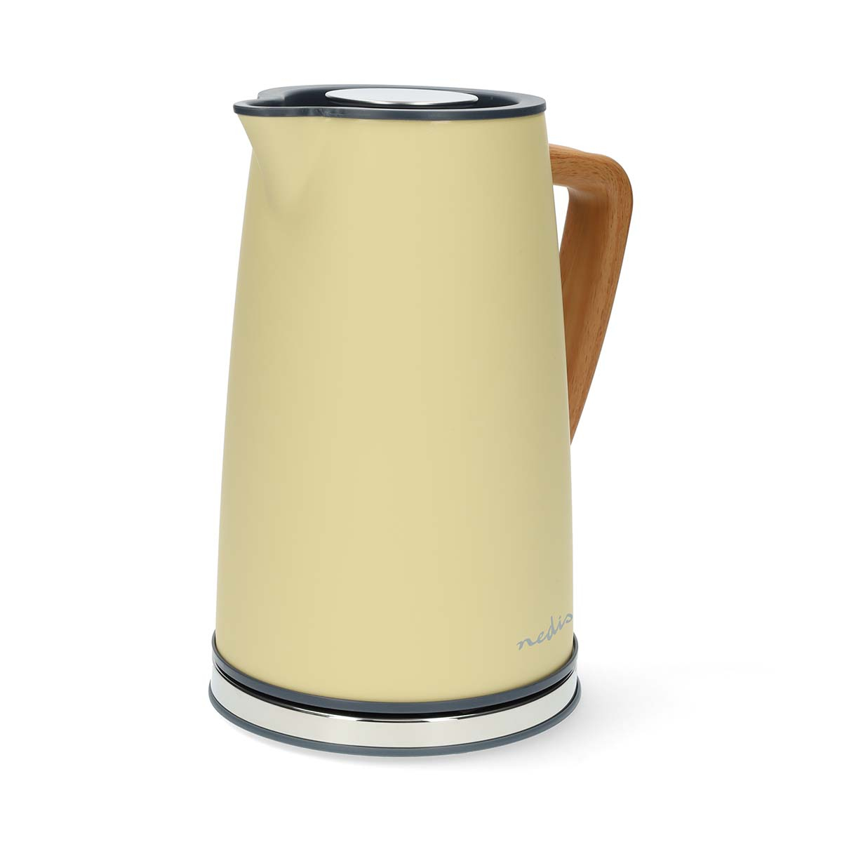 Kremowy czajnik elektryczny z drewnianym uchwytem i czarną pokrywą.