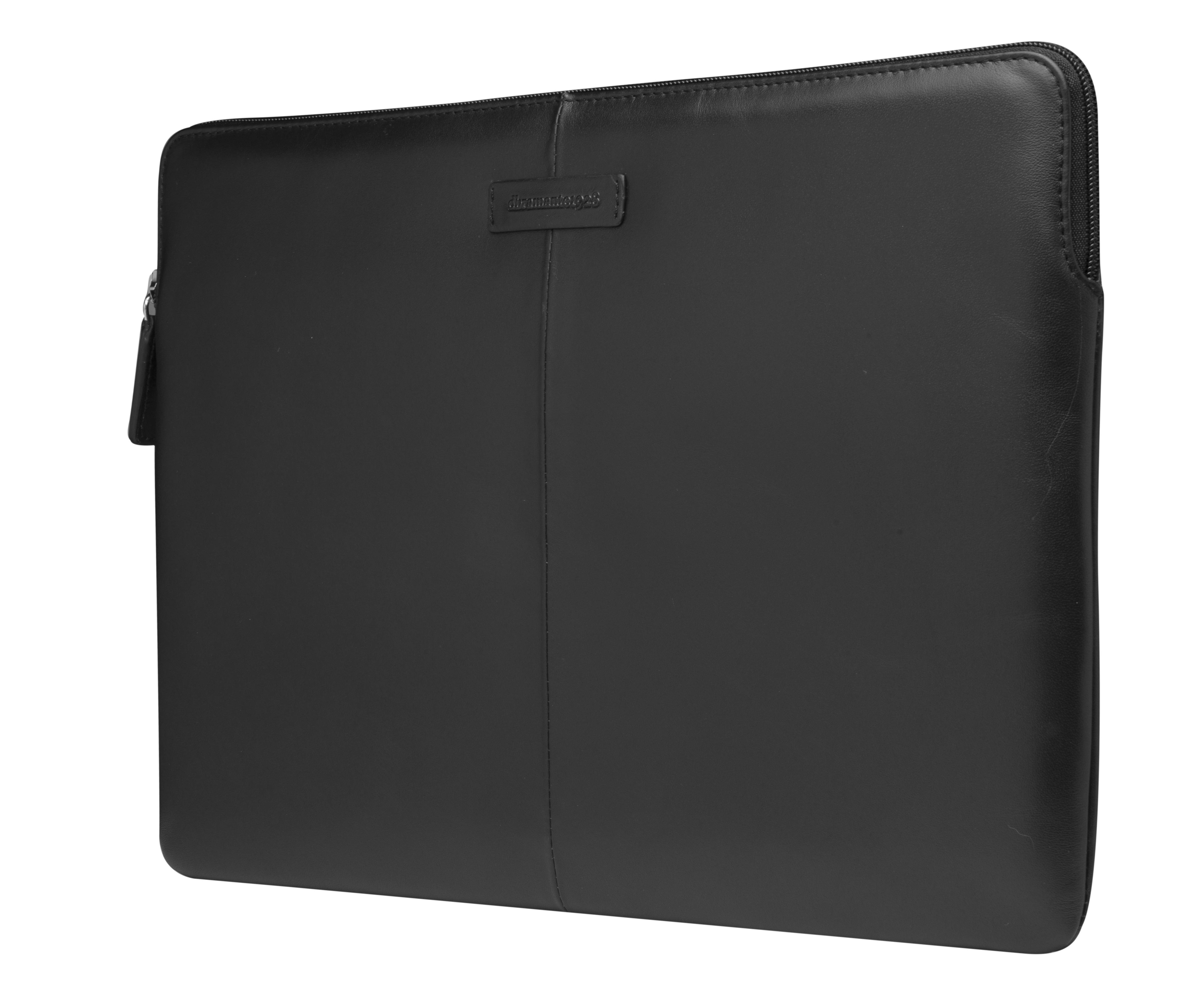 Una custodia per laptop in pelle nera con cerniera e logo.