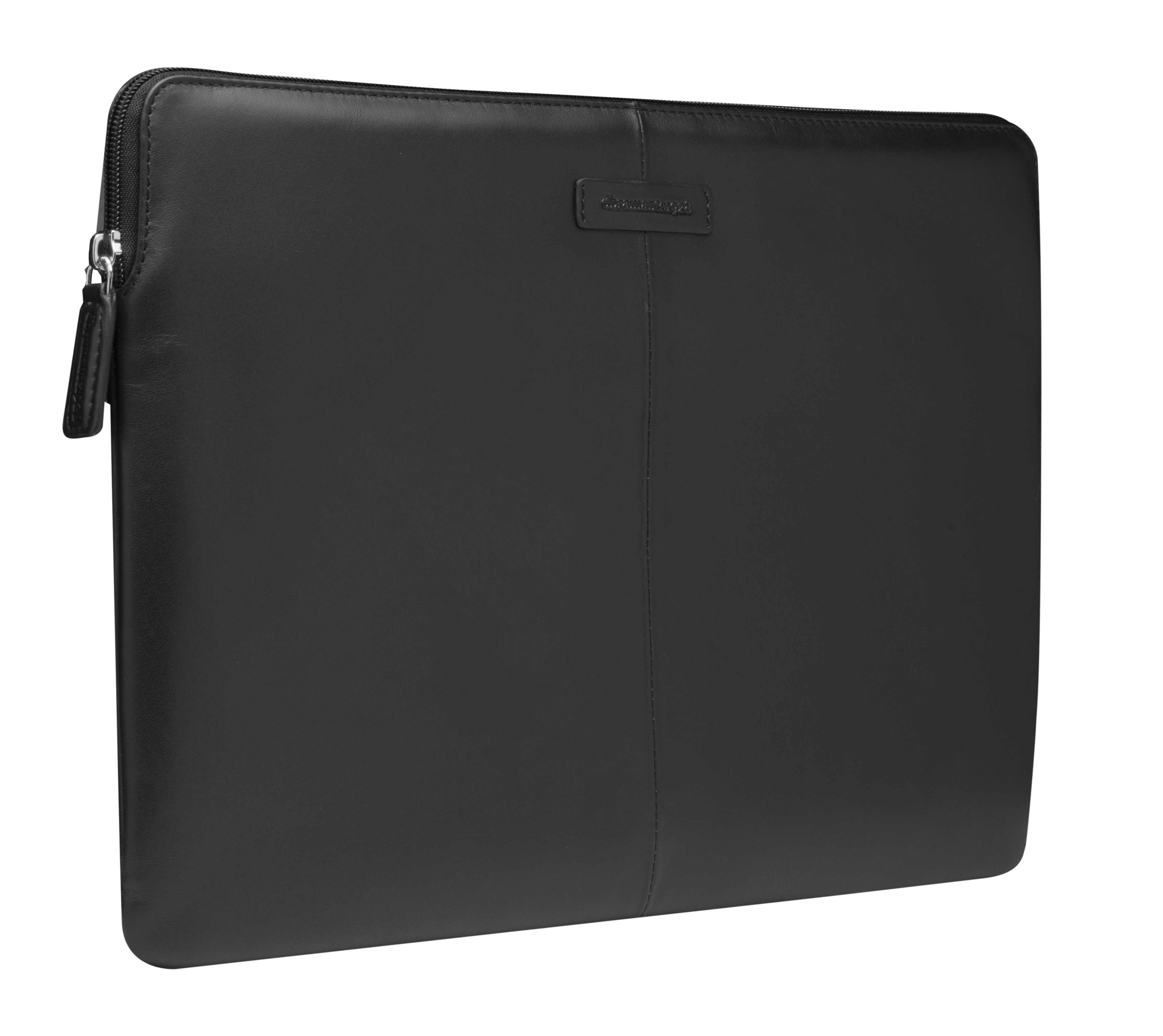 Custodia per laptop in pelle nera con chiusura a zip e piccola etichetta del marchio.