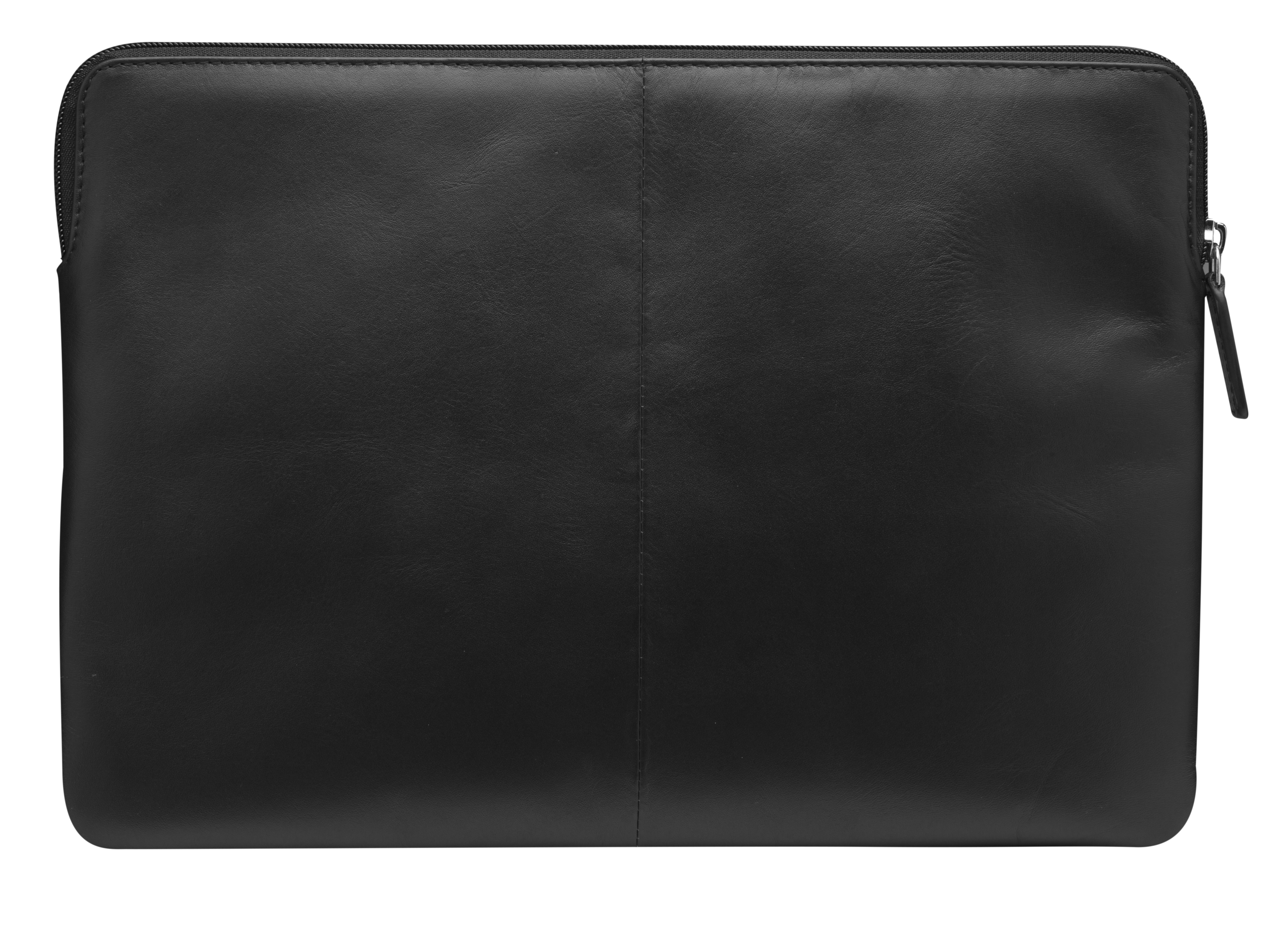 Una custodia per laptop in pelle nera con cerniera, chiusa e piatta.