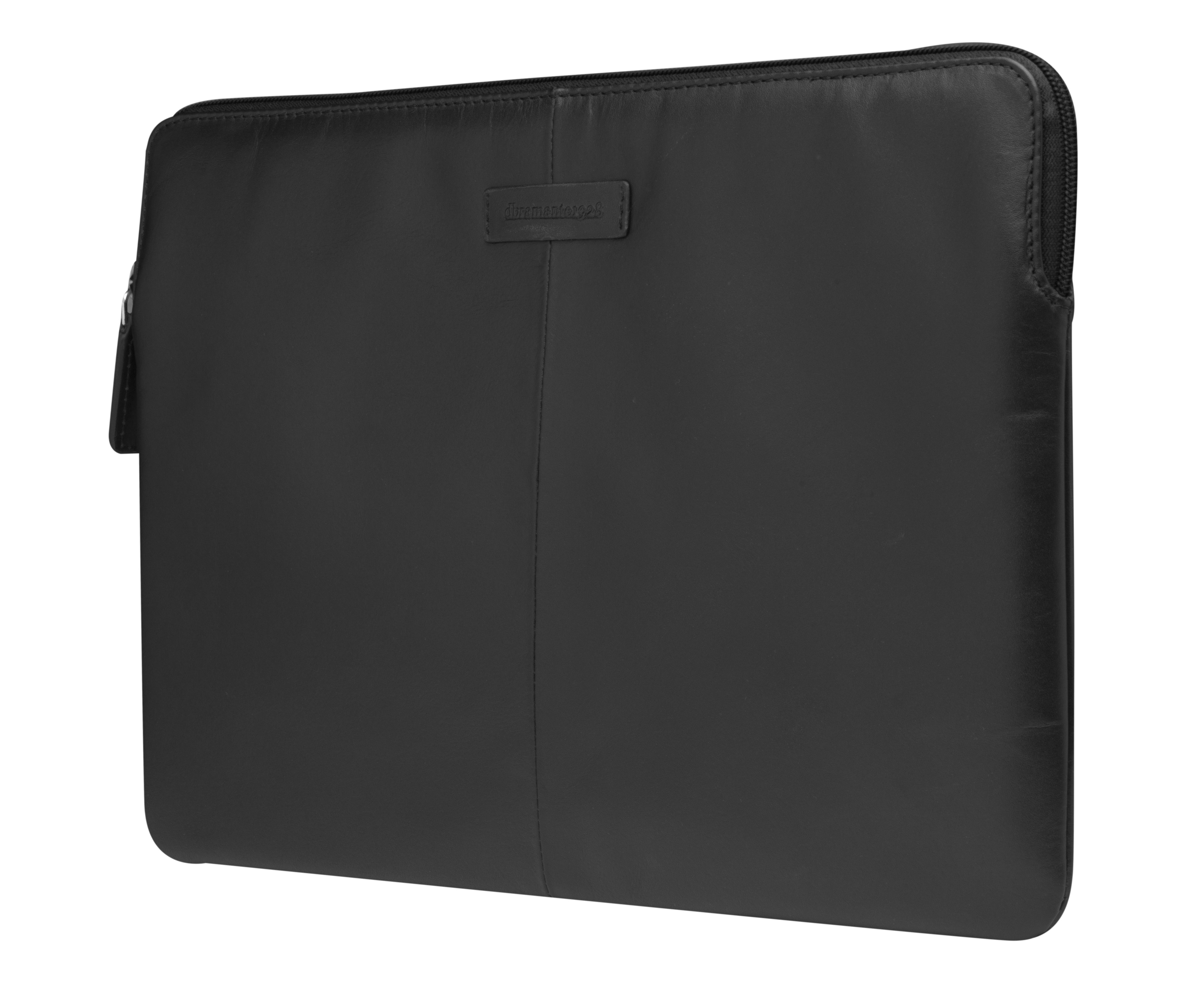 Custodia per laptop in pelle nera. Chiusura con zip e piccolo logo. Prodotto rettangolare e liscio.