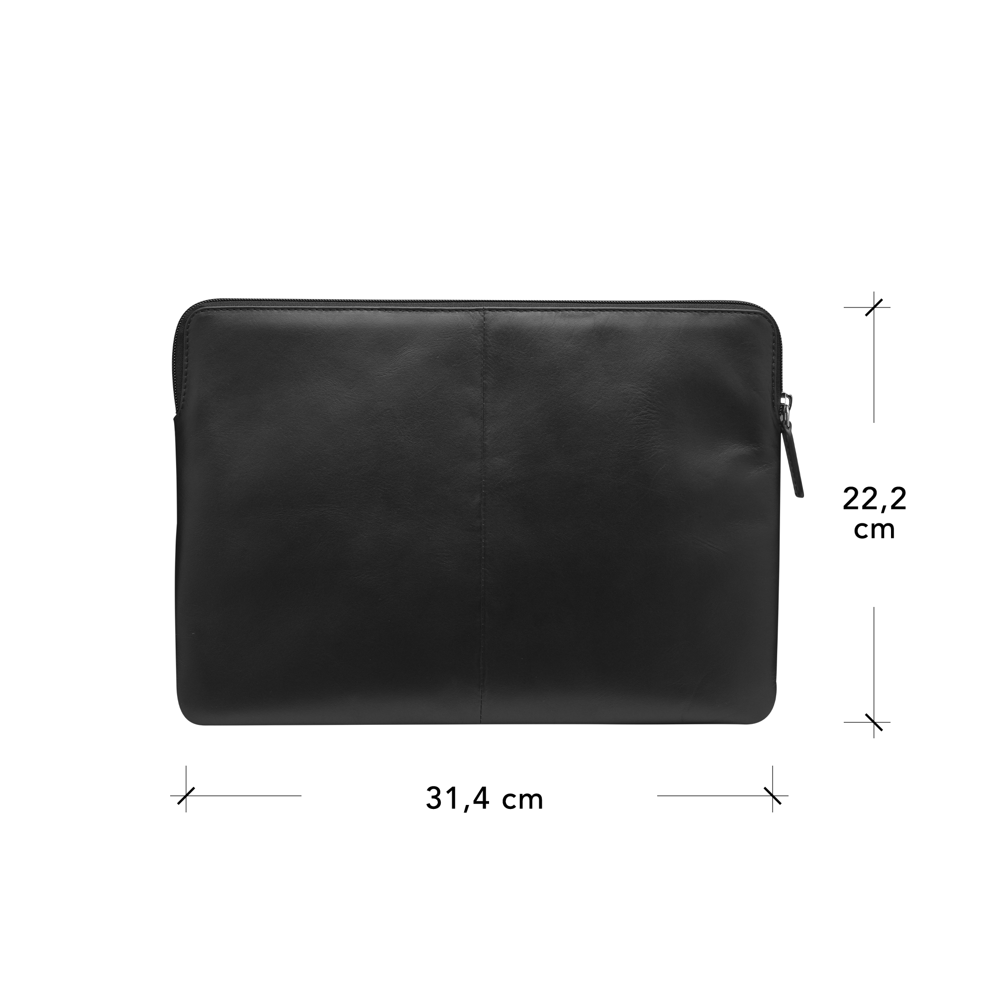 Custodia per laptop in pelle nera. Ha una cerniera e le dimensioni sono indicate.