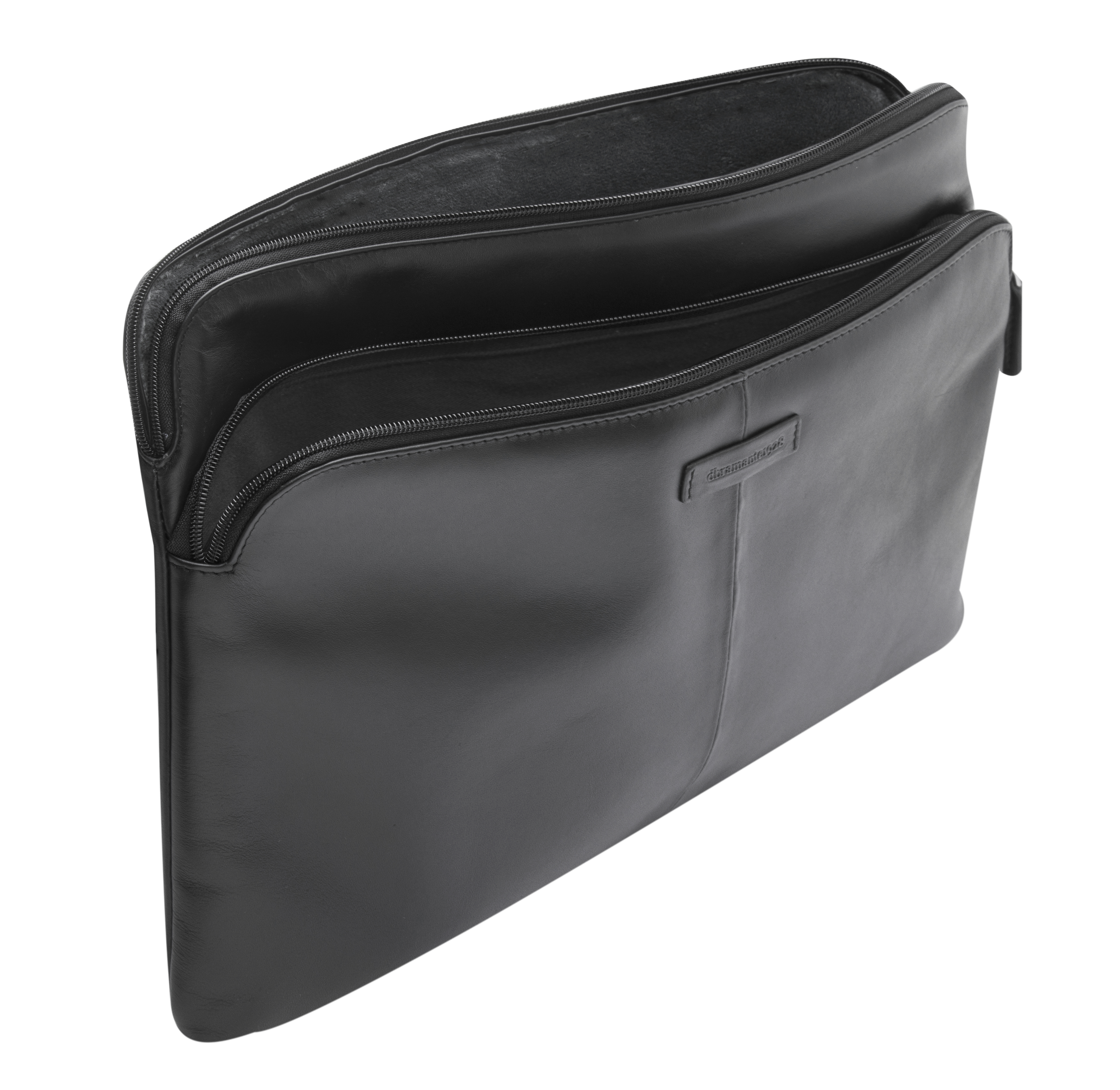 Sac pour ordinateur portable en cuir noir, ouvert, montrant les compartiments intérieurs.