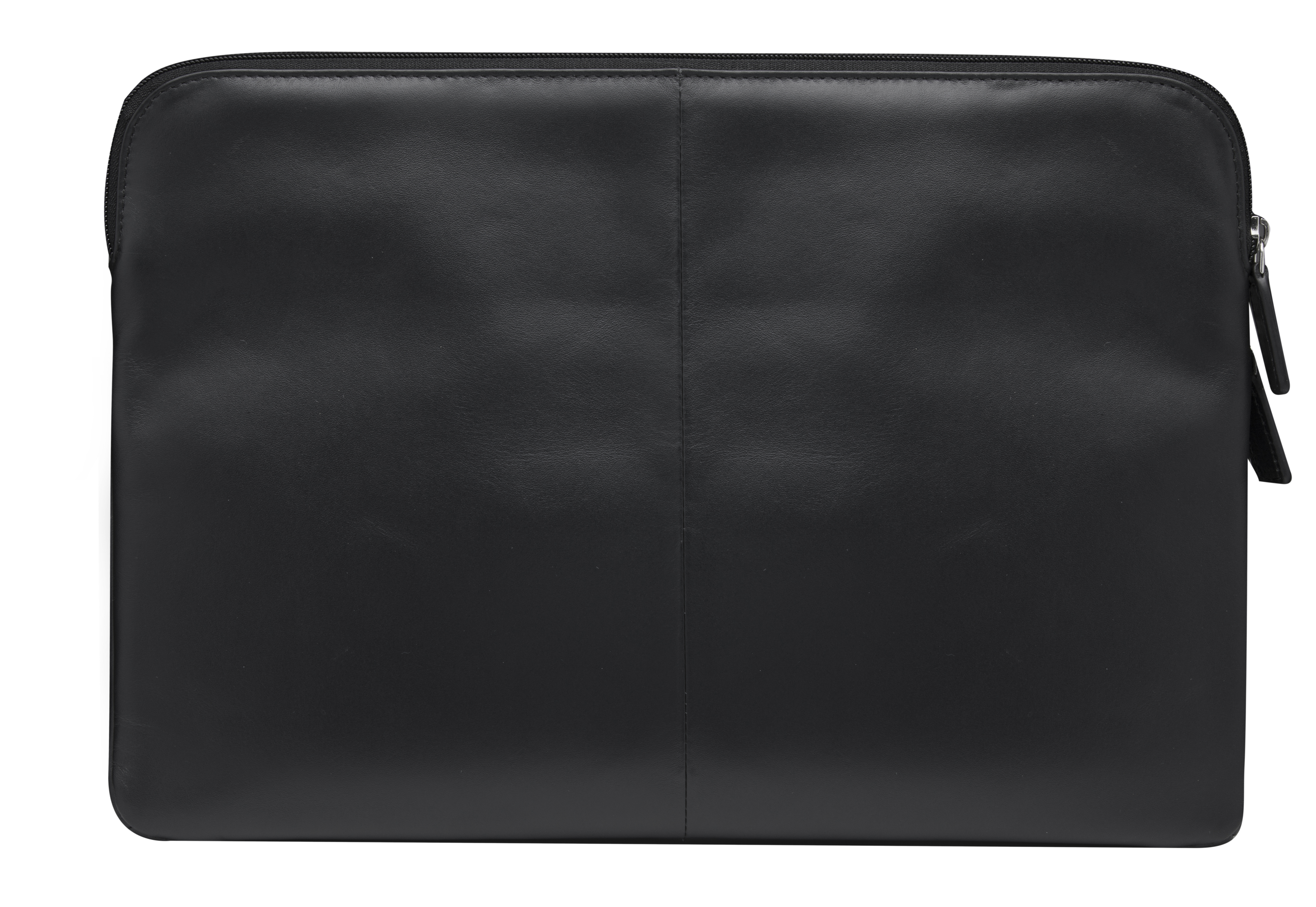 Housse d'ordinateur portable en cuir noir, avec fermeture éclair sur le bord supérieur.