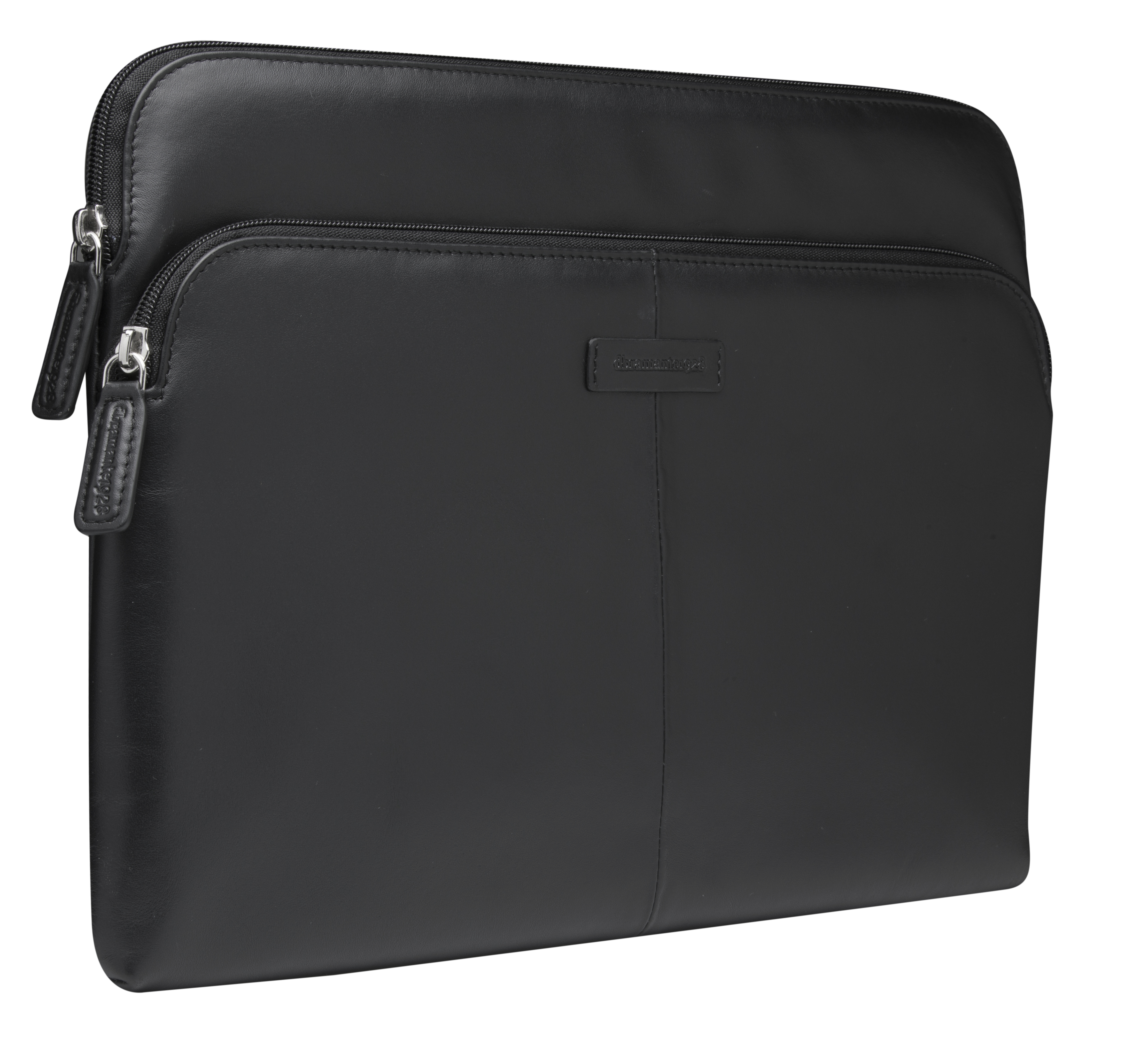 Une housse pour ordinateur portable en cuir noir avec deux compartiments zippés. Une petite étiquette avec un nom de marque est présente.