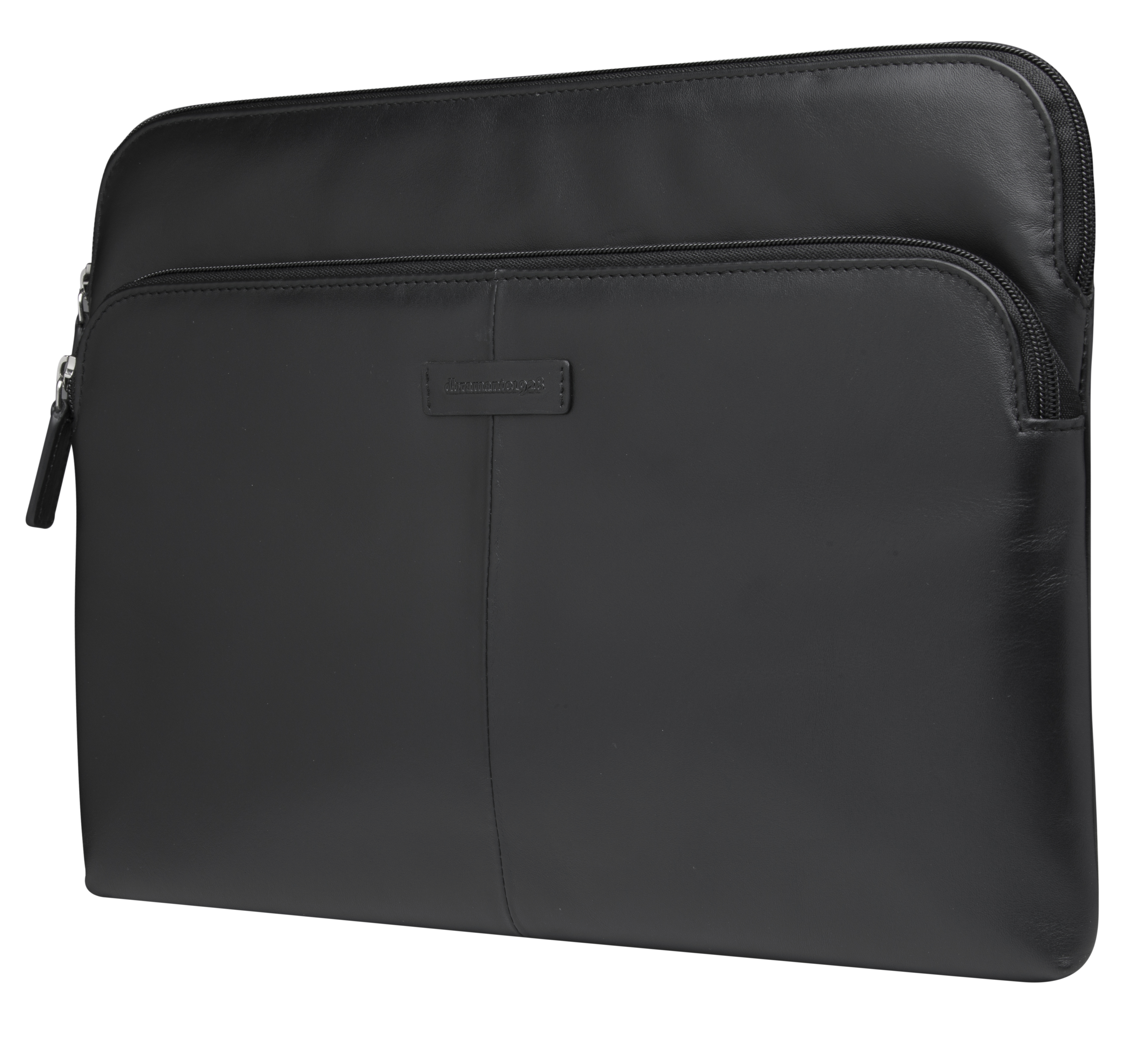 Une housse d'ordinateur portable en cuir noir avec une poche avant et une fermeture éclair.