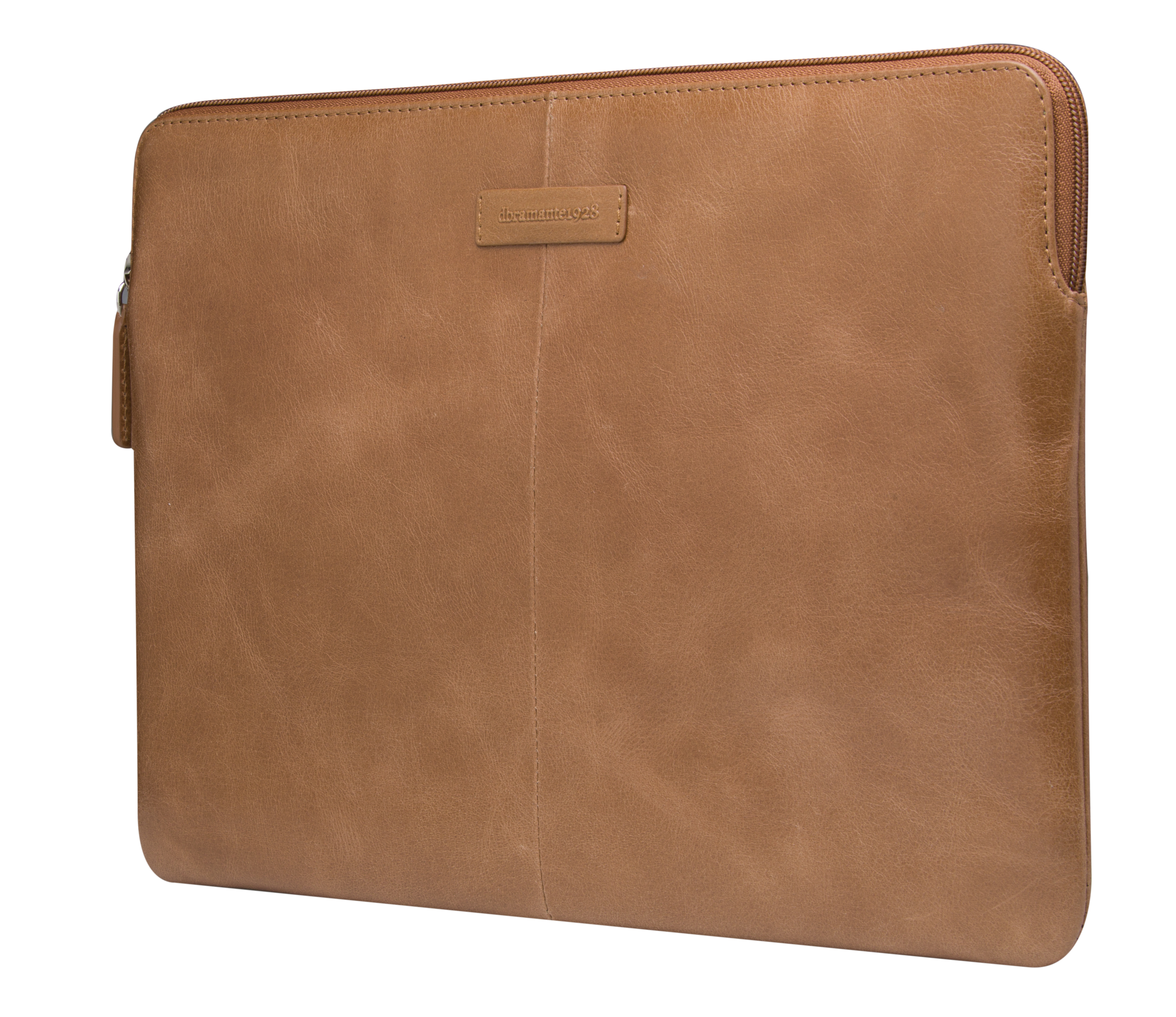 Custodia per laptop in pelle marrone chiaro con cerniera, etichetta thedreamstore28.