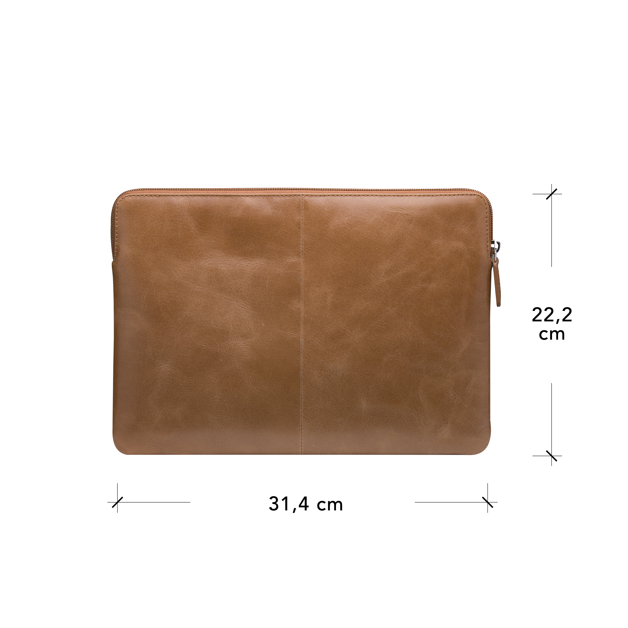 Custodia per laptop in pelle marrone con dimensioni etichettate. Chiusura con zip, bordi dritti.
