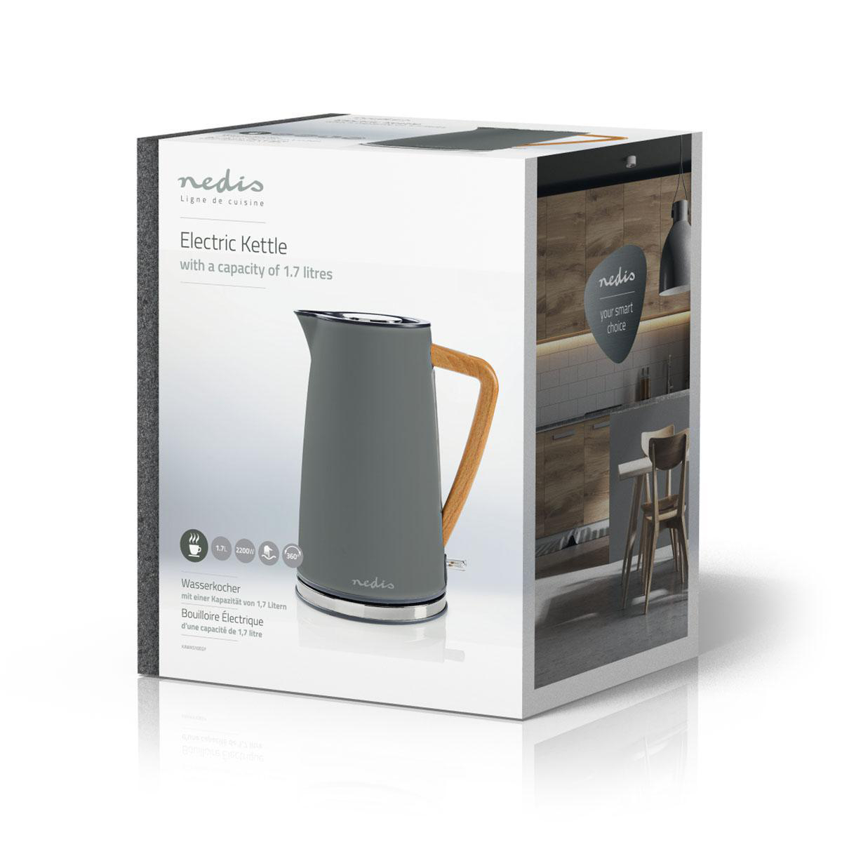 Czajnik elektryczny w pudełku, szary z drewnianym uchwytem. Pudełko przedstawia otoczenie kuchni i tekst.