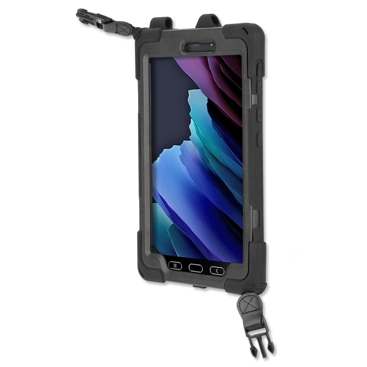 Eine schwarze, robuste Handyhülle mit dem Telefon darin und einem Riemen.