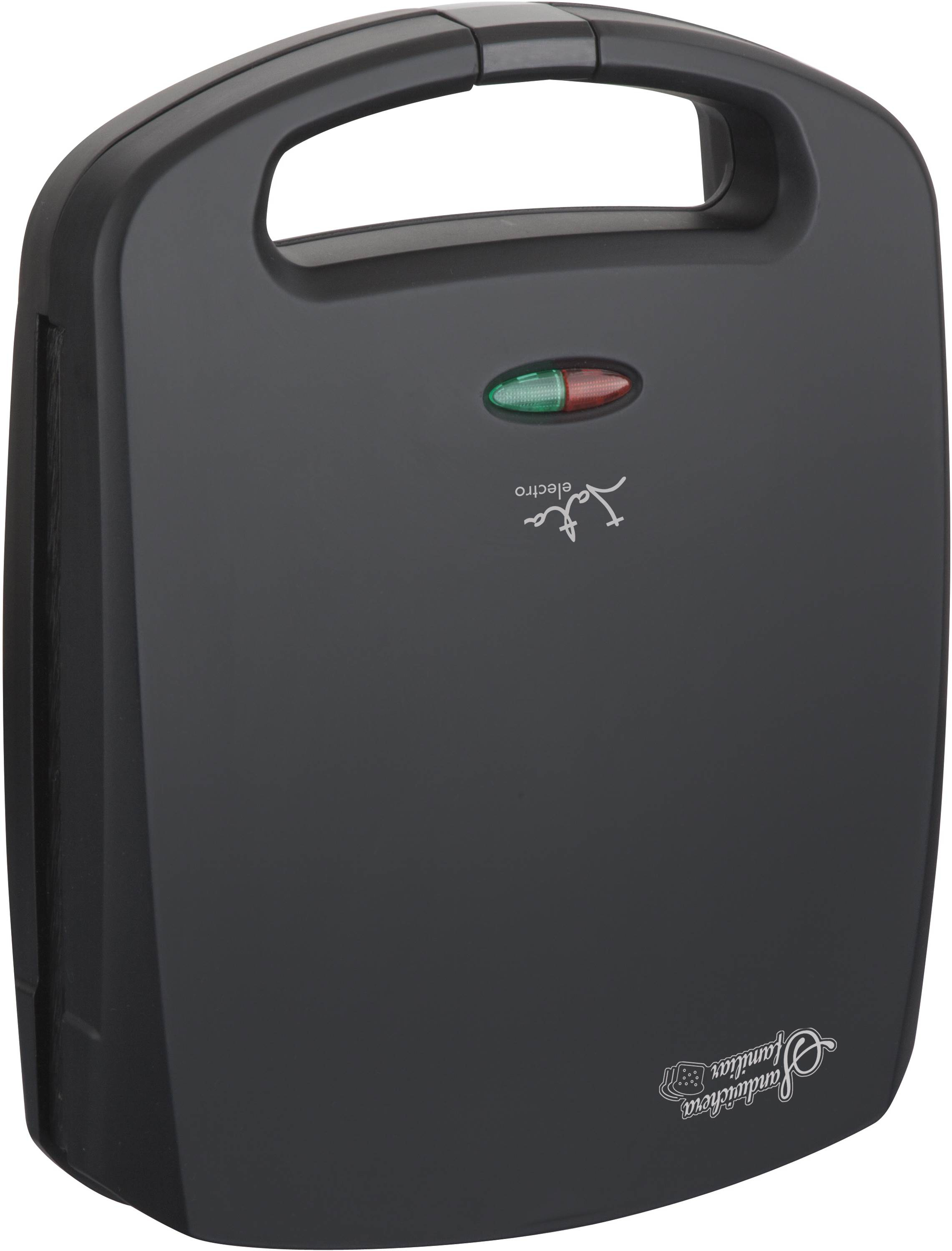 Czarny opiekacz do kanapek z uchwytem i lampkami kontrolnymi. Nadrukowano "eta" i "sandwichova familia".