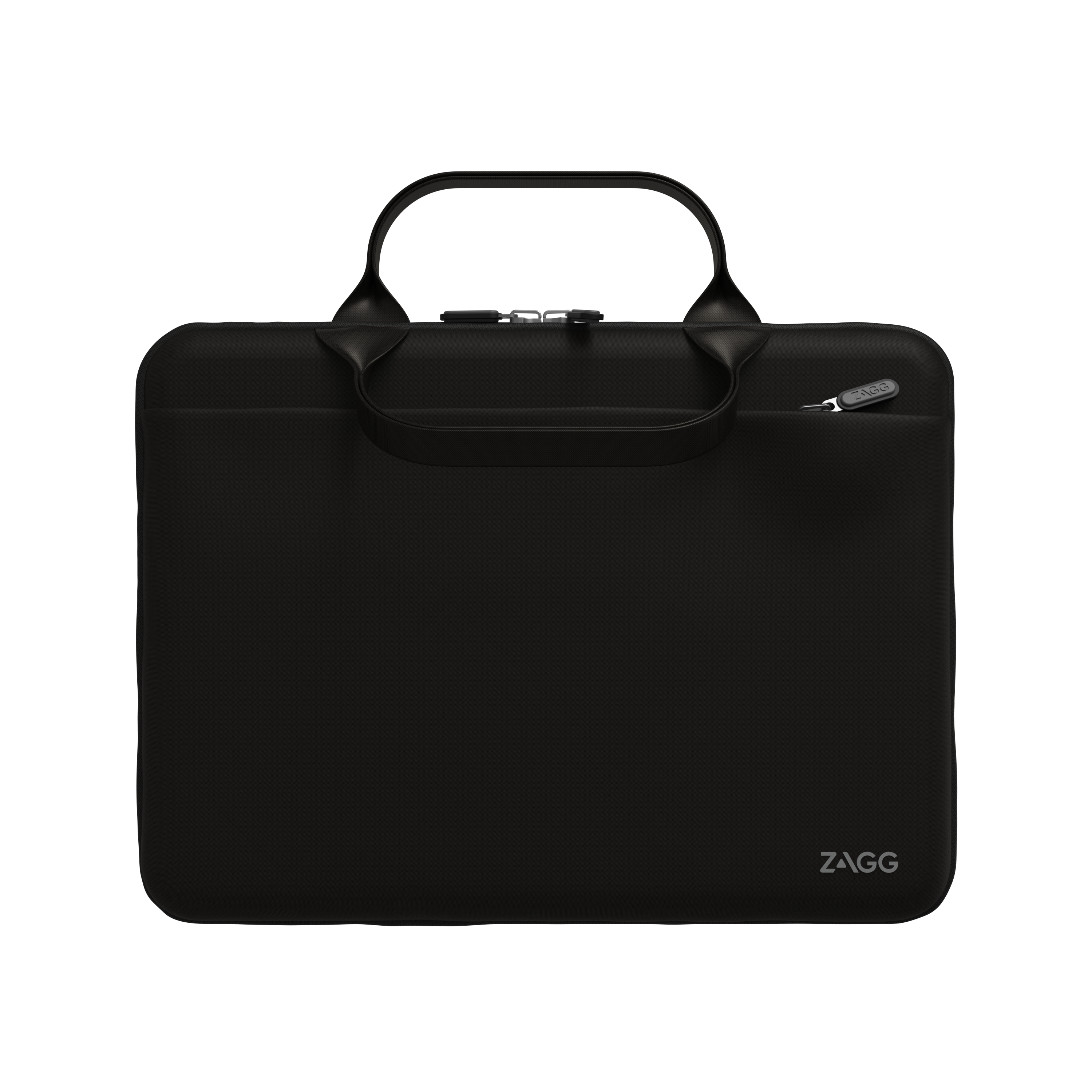 Una custodia per laptop ZAGG nera con manico, cerniera e il logo ZAGG.
