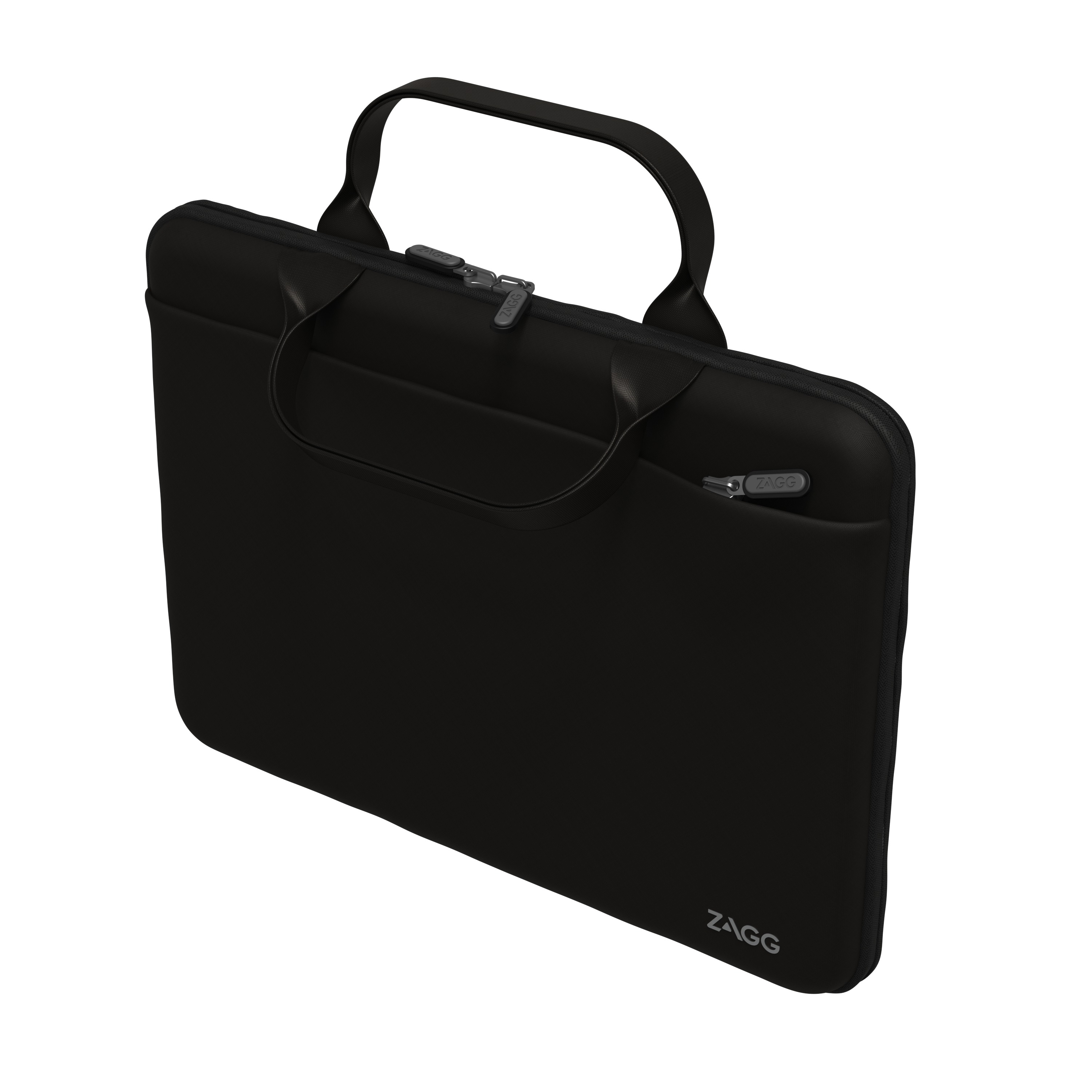 Borsa per laptop nera con manico e tasca con cerniera. Logo ZAGG visibile.