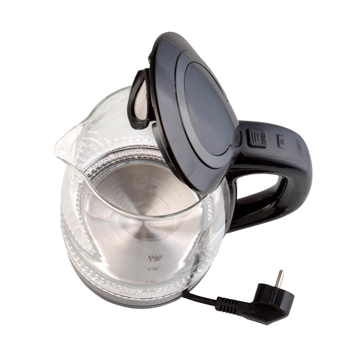 Szklany czajnik elektryczny z otwartą pokrywką. Czarny uchwyt i przewód zasilający.