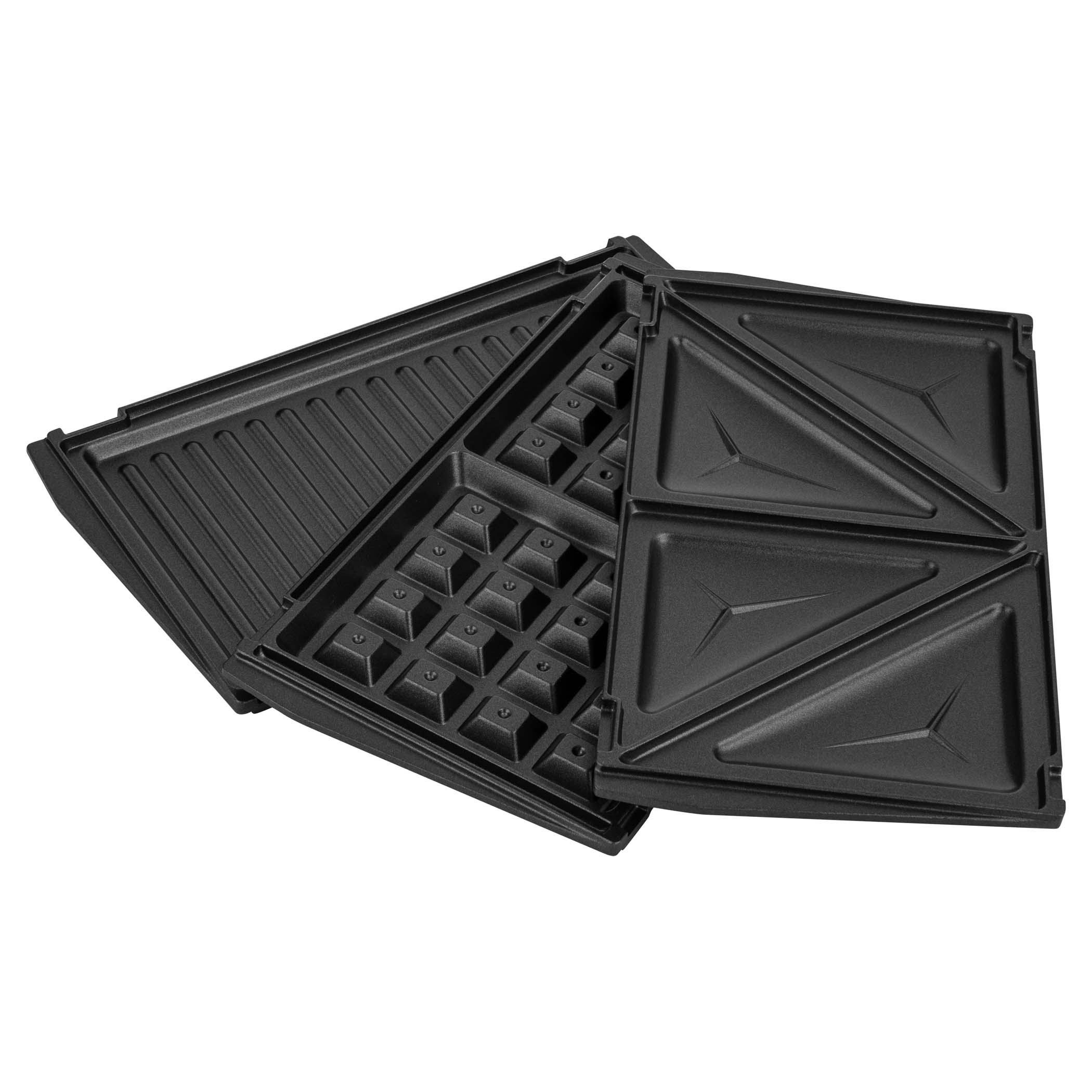 Black sandwich maker with three interchangeable plates. White background.