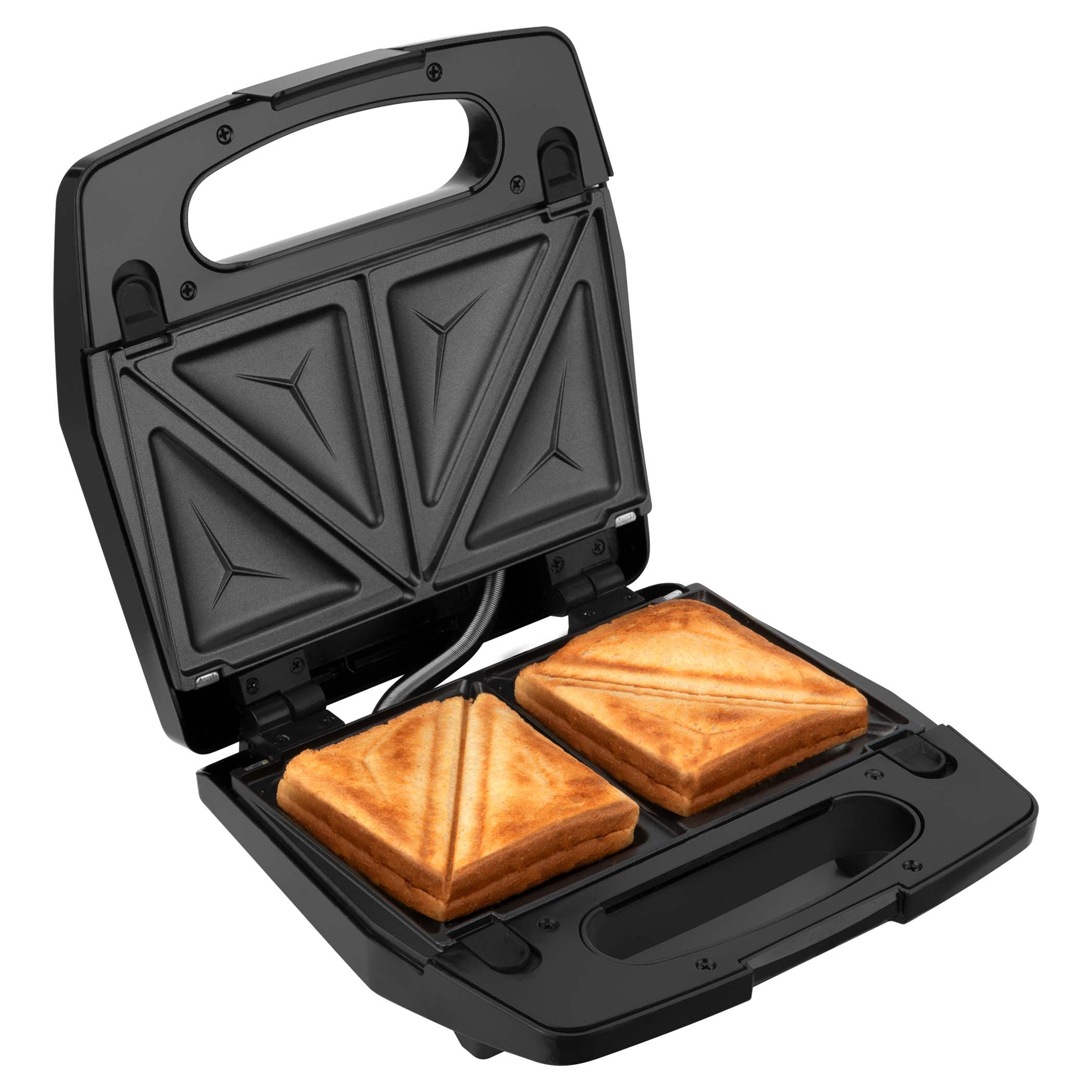 Sandwich maker open with two toasted sandwiches inside.