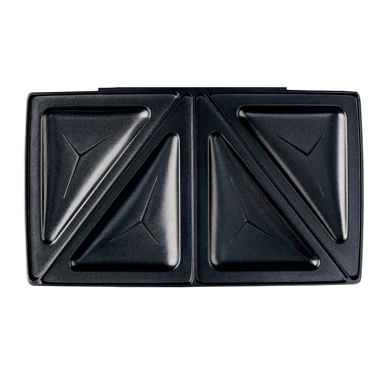 Sandwich maker nero, vista dall'alto, aperto, che mostra le superfici di cottura.