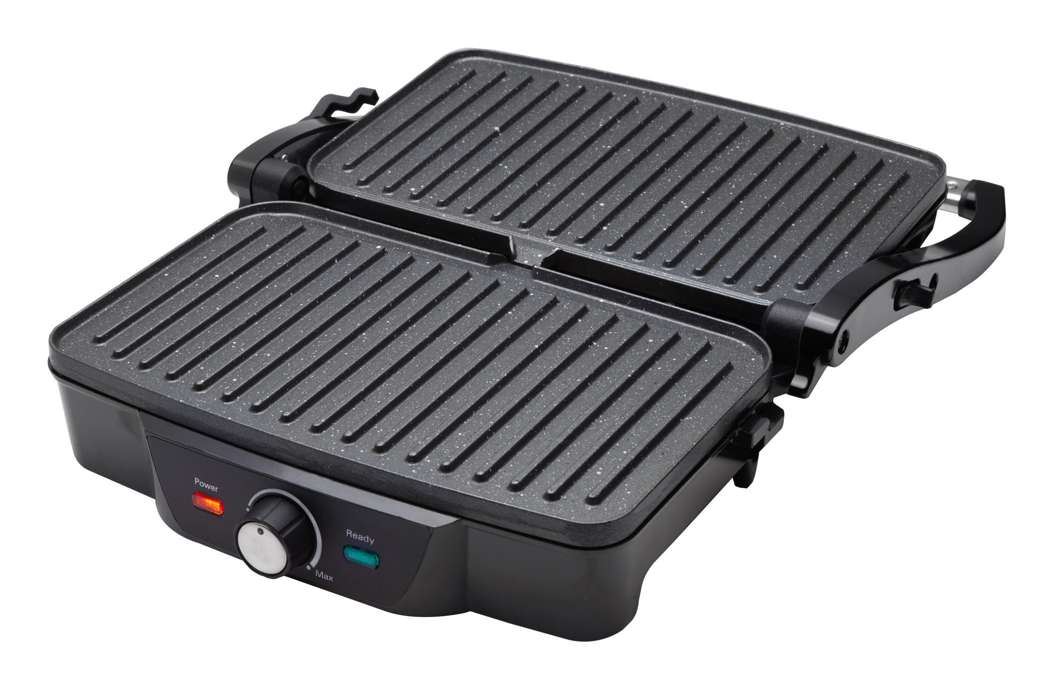 Czarny grill z otwartą pokrywą na białym tle, ze wskaźnikami zasilania i gotowości.