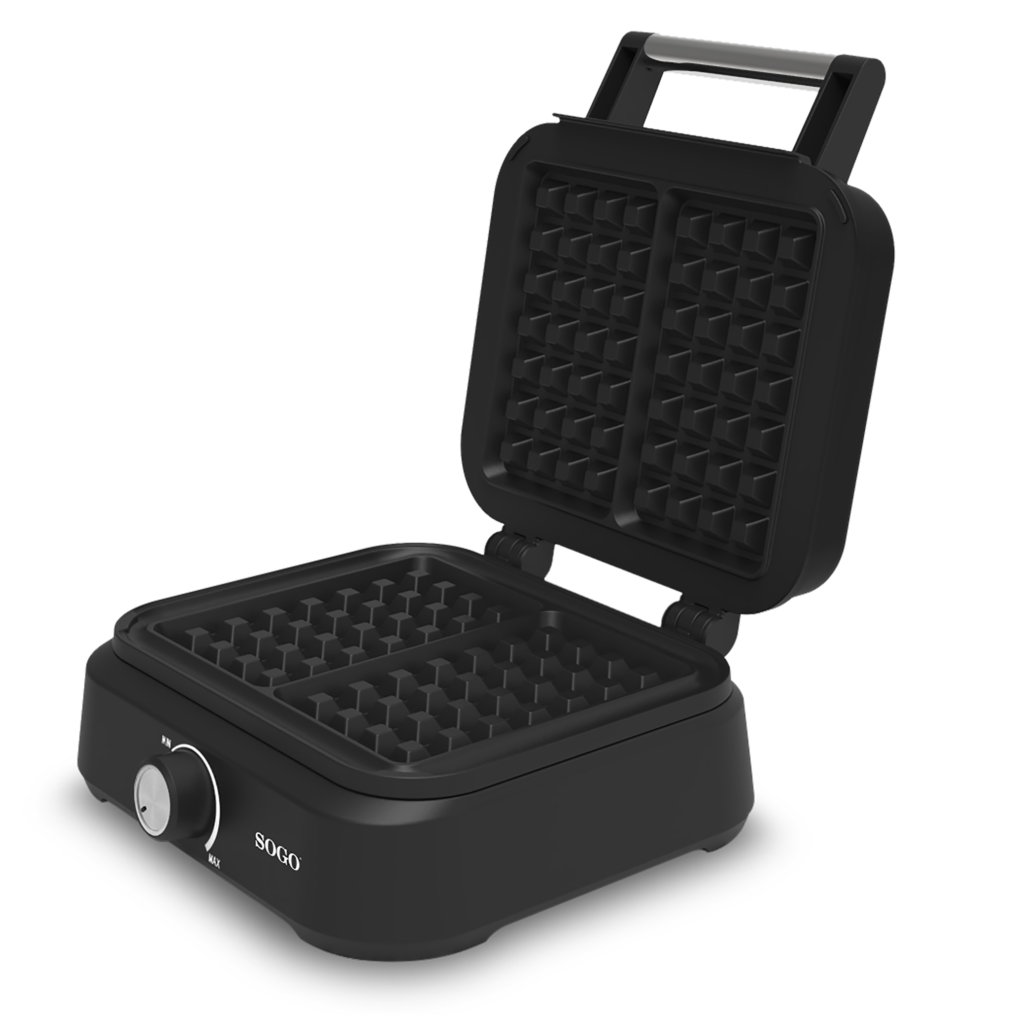 Czarny otwarty gofrownica z czterema formami do gofrów w środku.