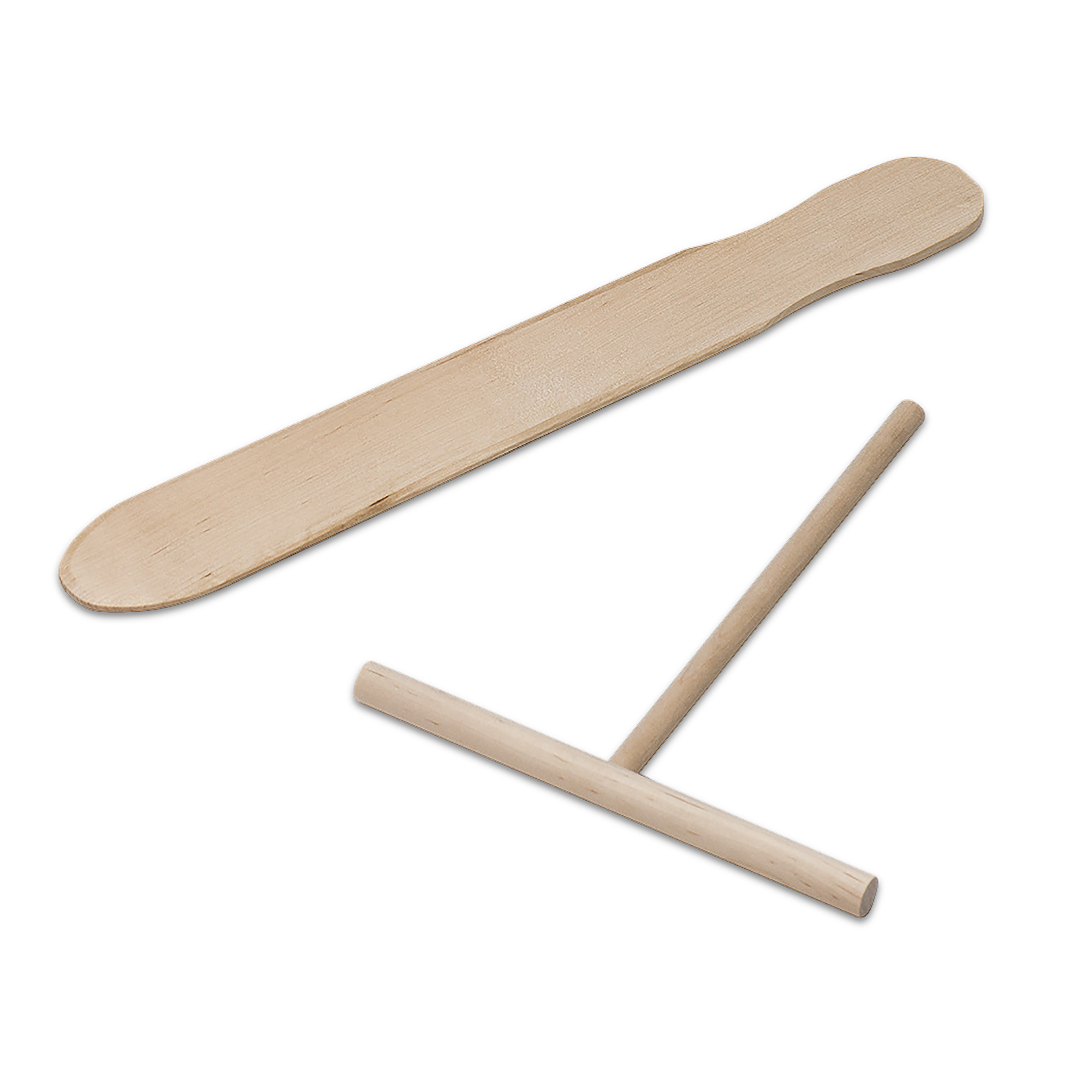 Herramientas de panqueques de madera sobre una superficie blanca. Una es una espátula, la otra un esparcidor.
