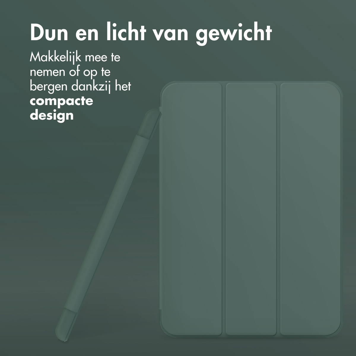 Custodia per tablet verde con uno stilo. Lo sfondo è una superficie verde più scura.