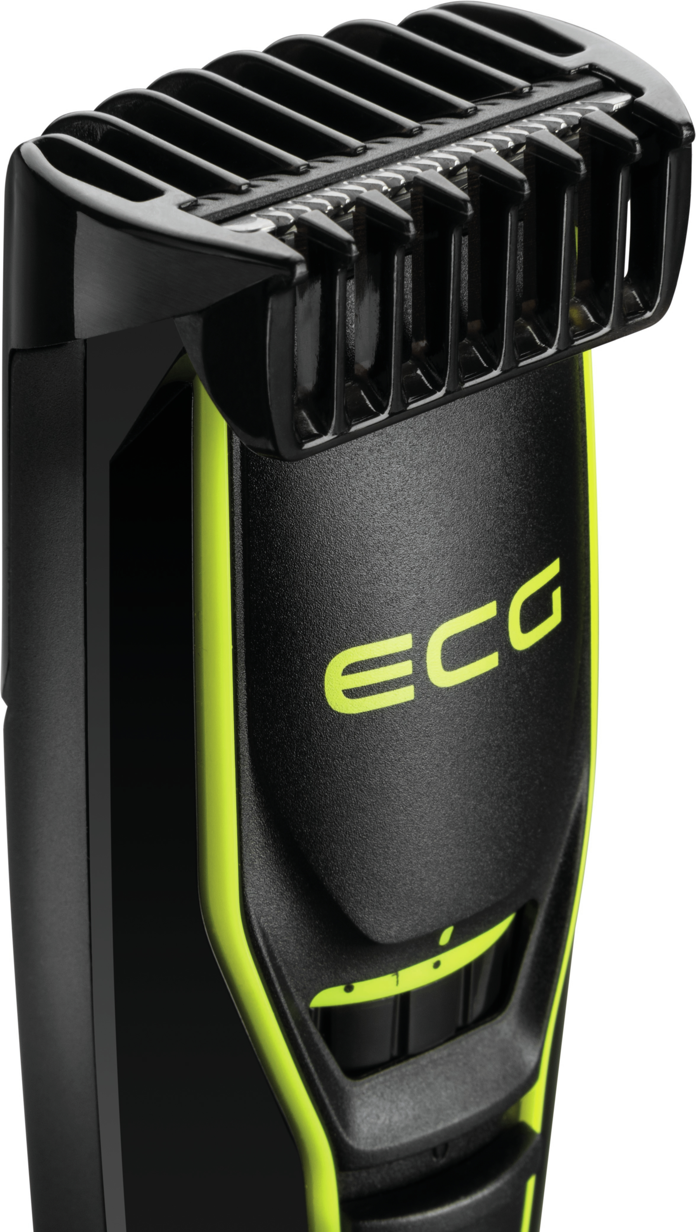 Czarno-żółta trymer ECG z regulowanym grzebieniem, zbliżenie na głowicę trymera.