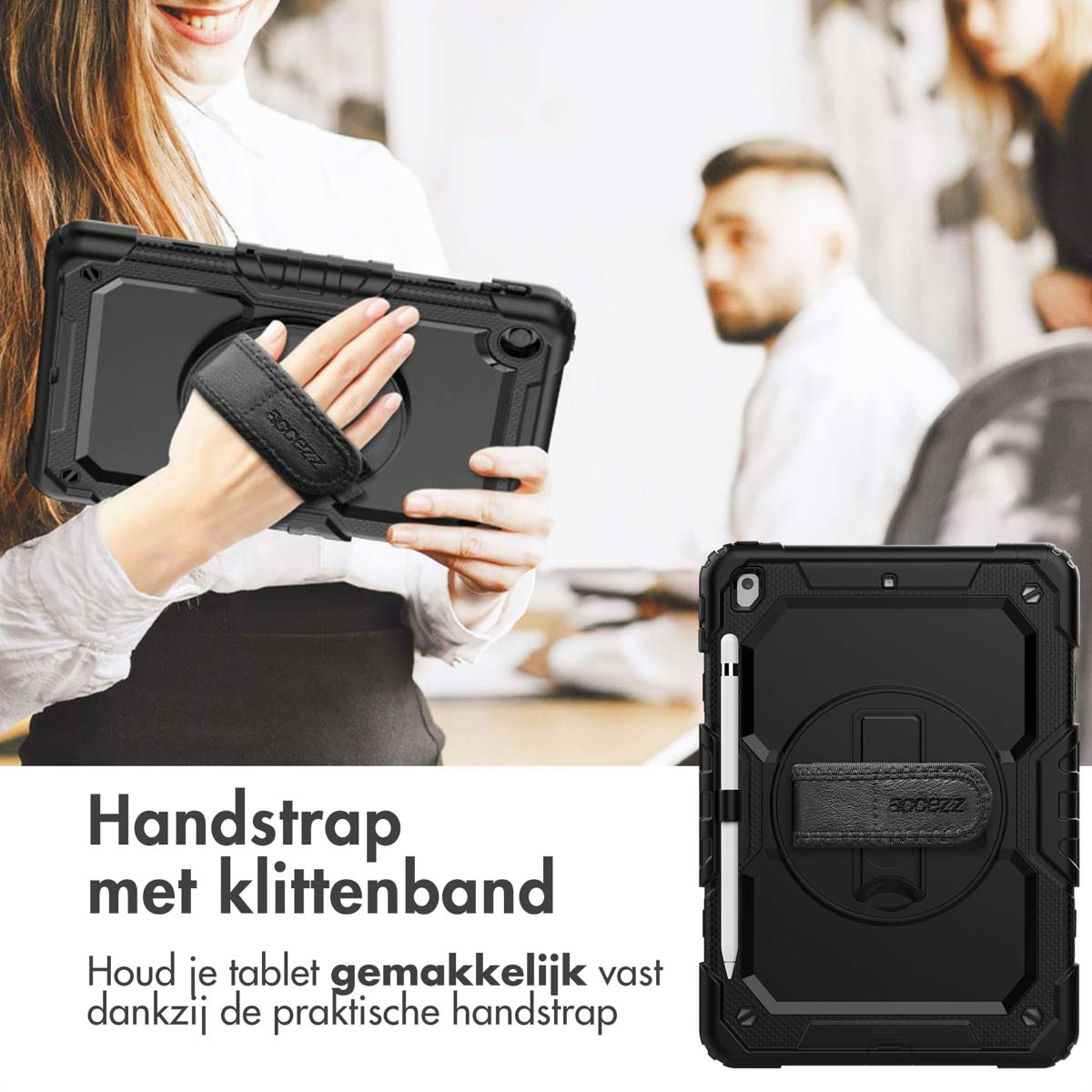 Custodia per tablet nera con cinturino. Una donna tiene il tablet con il cinturino. Sfondo bianco.