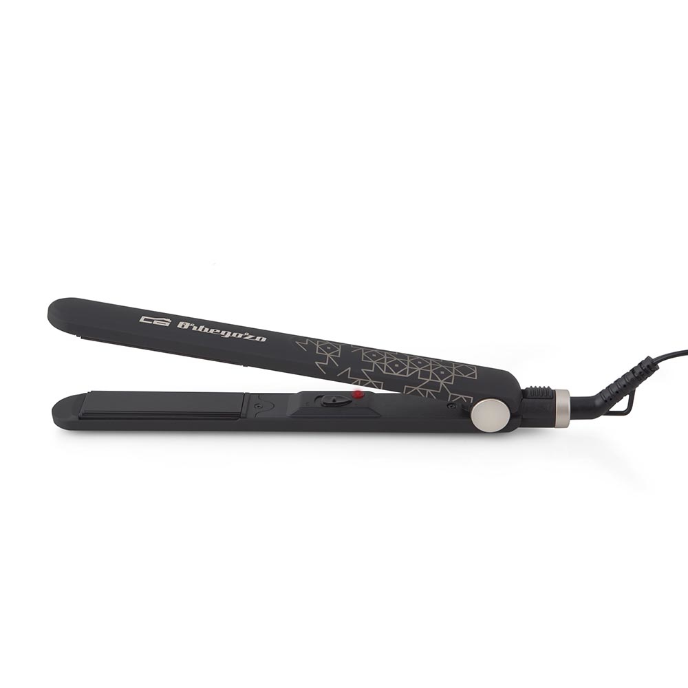 Plancha de pelo negra con logo Orbeozo y luz roja.