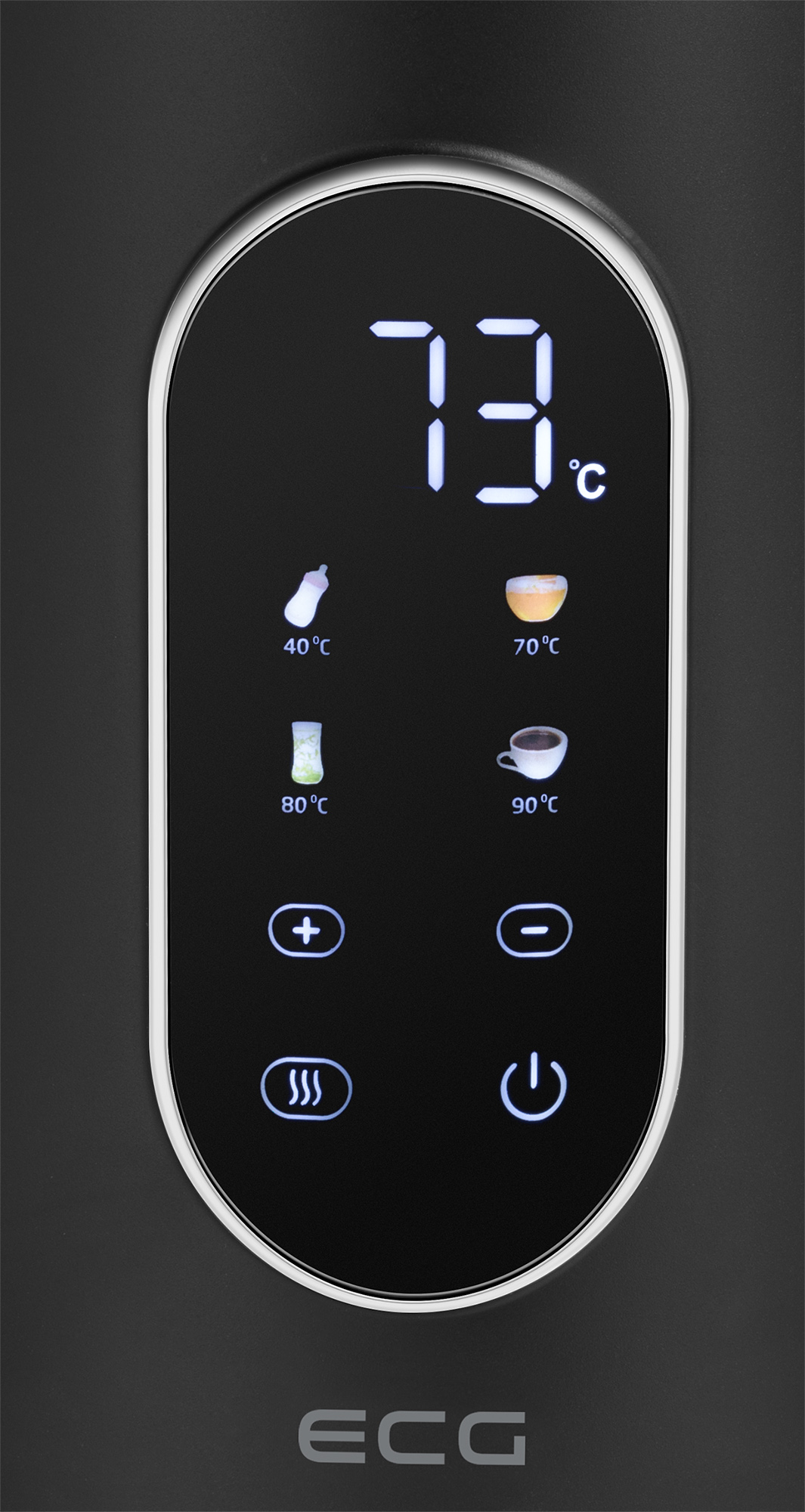 Zbliżenie czarnego wyświetlacza z ikonami temperatury i napojów, elementy sterujące na dole.