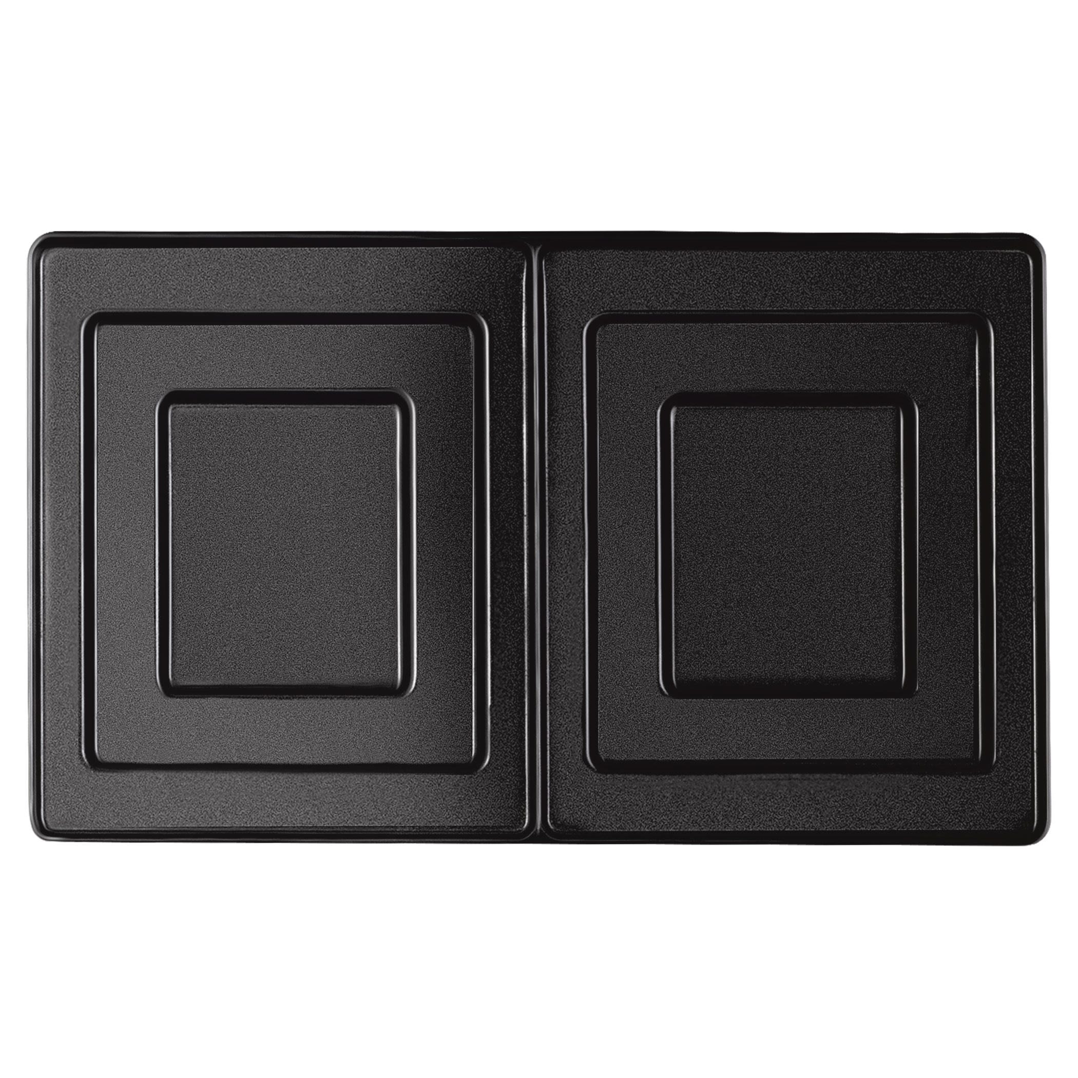 Piano cottura nero con due zone di cottura quadrate incassate, un elettrodomestico moderno.