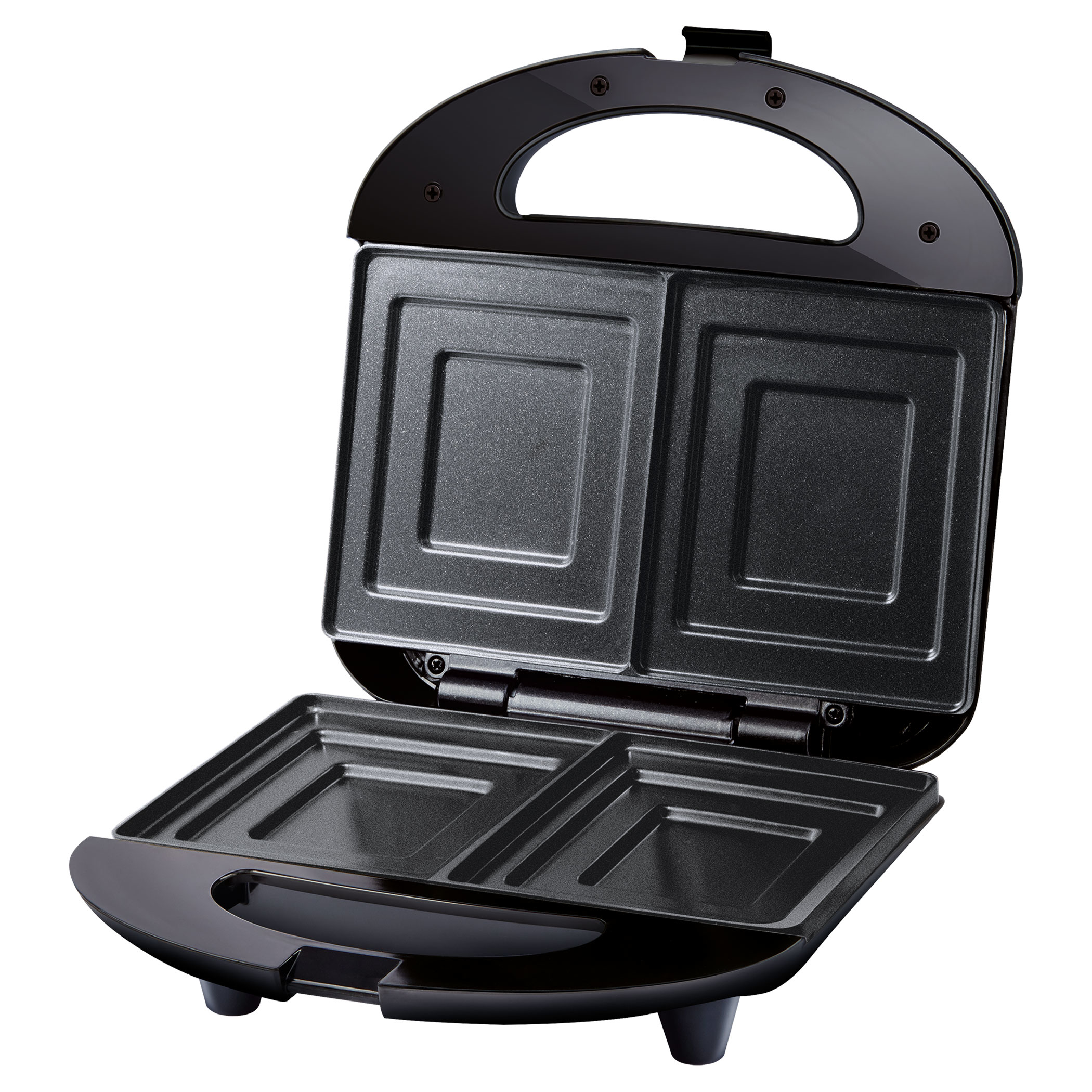 Waffle maker nero aperto, coperchio superiore aperto. Interno con due aree di cottura.