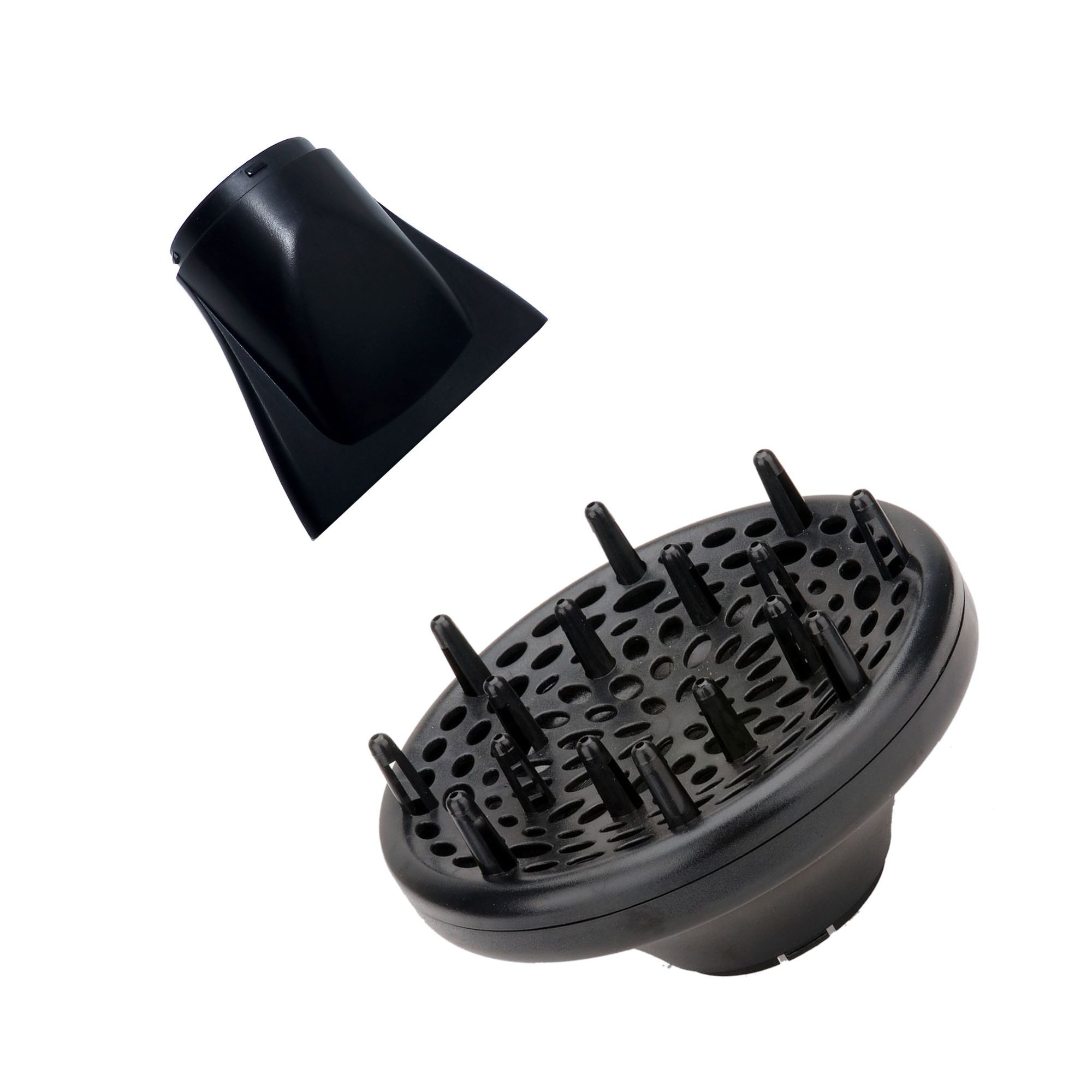 Czarny dyfuzor do suszarki z okrągłą podstawą i kolcami. Odłączana dysza na białym tle.