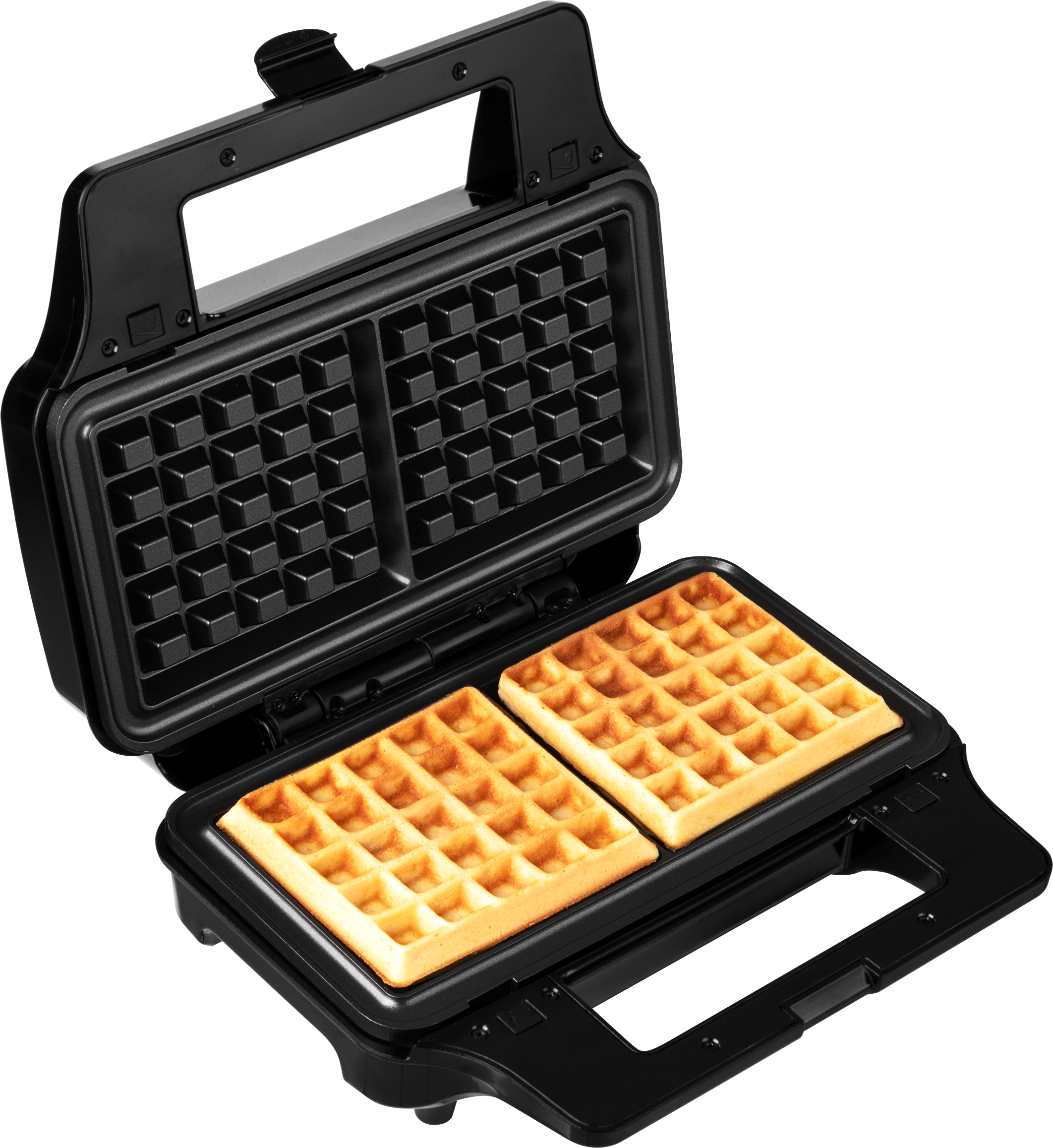 Schwarzes Waffeleisen mit zwei darin gebackenen Waffeln.